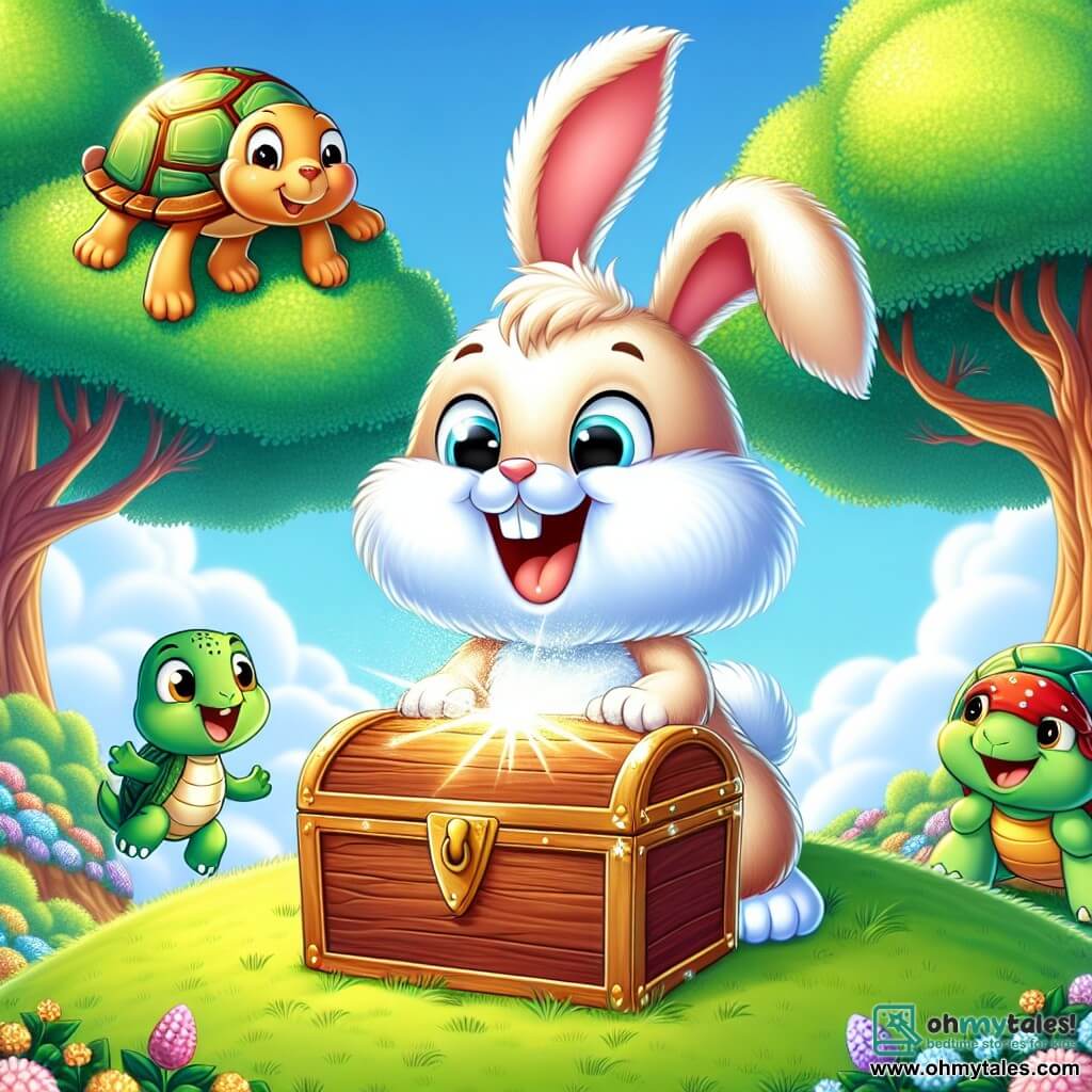 On top of a lush green hill, Benny, a young rabbit with big ears and fluffy fur, expresses bright joy as he discovers a sparkling wooden chest. His eyes shine with excitement and his smile is radiant as he stands on his hind legs, front paws reaching towards the chest. Beside him, Tilly, a wise turtle with a colorful shell and mischievous eyes, watches with a proud smile, standing slightly back to encourage her friend. Max, an agile squirrel with reddish fur, climbs on a branch just above, looking curiously, his small paws gripping the branch, ready to jump to the chest. The setting is a hilltop surrounded by majestic trees with green leaves, under a clear blue sky dotted with fluffy white clouds. The ground is covered with soft grass and colorful flowers dancing in the breeze. The main scene shows Benny opening the chest, revealing sparkling stones under the rays of the setting sun, while his friends gather around, sharing a moment of discovery and wonder, illustrating the spirit of adventure and friendship that unites them.