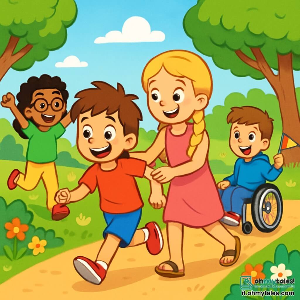 Ci sono 4 personaggi: - Luca: un ragazzo di 8 anni con capelli castani disordinati e occhi vivaci. Indossa una maglietta rossa e pantaloni corti blu. Sta correndo felicemente nel parco. - Emma: una ragazza di 10 anni, sorella di Luca, con lunghi capelli biondi intrecciati e un sorriso caloroso. Indossa un vestito rosa e sandali. È accanto a Luca, incoraggiandolo a correre più veloce. - Giulia: una ragazza di 8 anni con capelli neri ricci e occhiali. Indossa una maglietta verde e pantaloni gialli. È un po' indietro, ridendo e alzando le braccia per incoraggiare i suoi amici. - Marco: un ragazzo di 9 anni in sedia a rotelle, con capelli castani e un grande sorriso. Indossa un felpa blu e jeans. È leggermente in ritardo, tenendo una bandiera colorata, pronto a incoraggiarli nella loro corsa. La scena si svolge in un parco soleggiato, con alberi verdi e fiori colorati. C'è un sentiero di terra battuta dove i bambini giocano, circondati da risate e grida gioiose. Sullo sfondo si vedono un'altalena e uno scivolo, che aggiungono un tocco di allegria. La situazione principale mostra i bambini che corrono insieme nel parco, ridendo e divertendosi, simboleggiando la loro amicizia e il sostegno reciproco nonostante i cambiamenti nelle loro vite. I volti sono radiosi, e l'atmosfera è piena di gioia ed energia positiva.