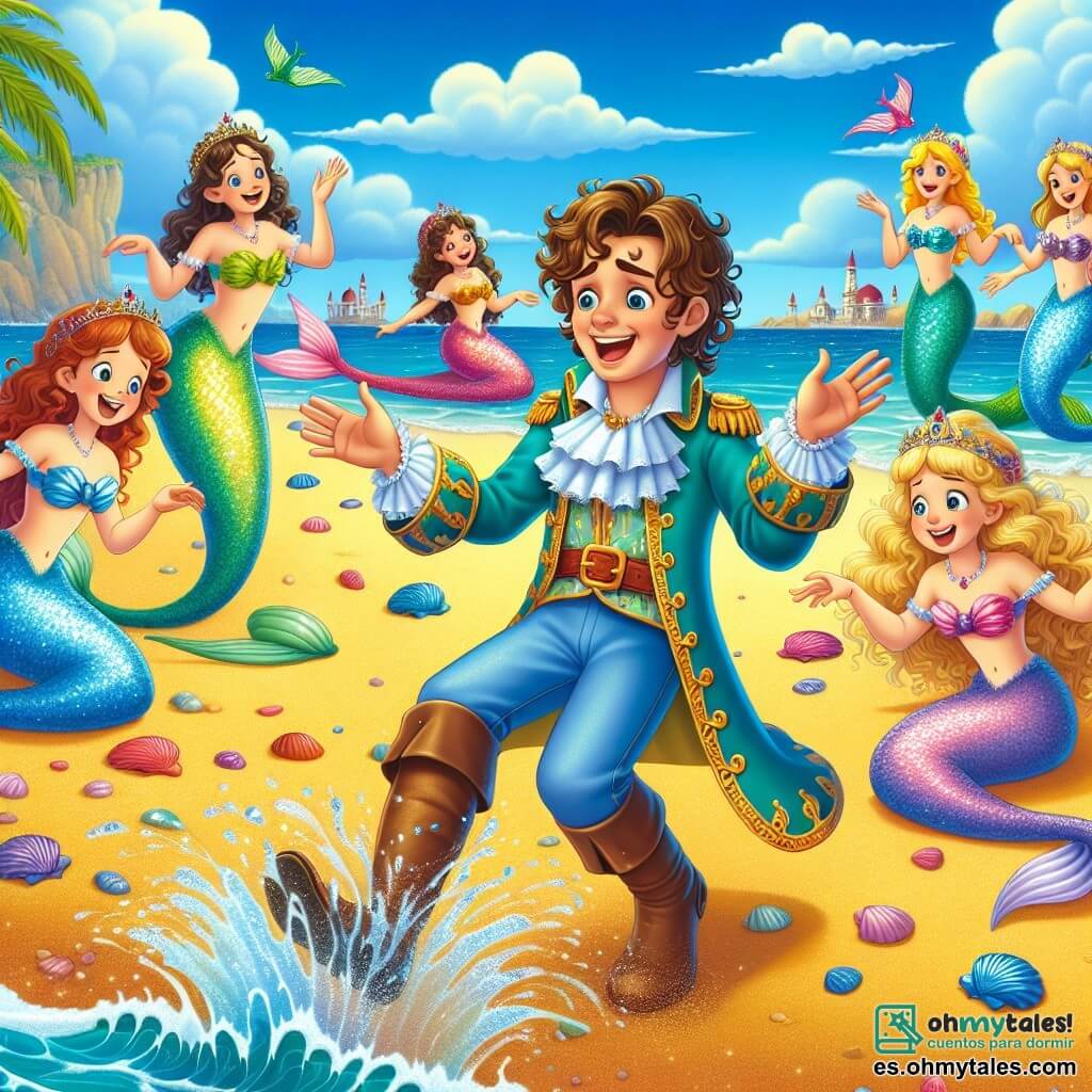 En un reino encantado, un príncipe llamado Martín, de unos 10 años, es representado con cabello rizado y una gran sonrisa, vistiendo una túnica colorida y pantalones mal ajustados. Está bailando torpemente en la playa, con los pies en la arena, riendo a carcajadas, mientras una chispa de alegría ilumina su rostro. A su lado, varias sirenas de escamas brillantes y cabello flotante en el agua, con apariencia alegre, cantan y bailan a su alrededor. Una de ellas, con una cola turquesa y ojos brillantes, le extiende la mano para ayudarlo a levantarse tras una caída cómica. El escenario es una playa soleada, con olas turquesas que acarician la orilla, conchas de colores esparcidas sobre la arena dorada y un cielo azul salpicado de nubes esponjosas. En el fondo, palmeras se mecen suavemente con la brisa marina, añadiendo un toque de magia a la atmósfera. La escena principal muestra a Martín cayendo en la arena, rodeado de sirenas que ríen y lo animan a levantarse, creando un momento lleno de alegría y camaradería.