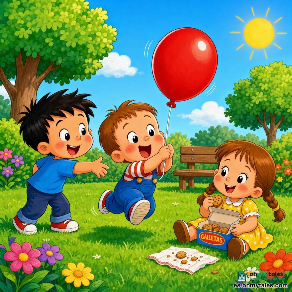 Un niño de 2 años muy alegre y asombrado, pelo castaño corto, mejillas rosadas, ojos brillantes, sostiene un gran globo rojo con ambas manos y salta sobre el césped; un niño de 3 años (Tomás), sonriente y pícaro, pelo negro, camiseta azul, está ligeramente detrás a la izquierda extendiendo la mano como si acabara de dar el globo; una niña de 3 años (Lucía), amable y contenta, con el pelo largo en dos trenzas y vestido amarillo de lunares, está sentada a la derecha en el césped con una pequeña caja de galletas abierta; el parque es luminoso con césped verde, un banco de madera al fondo, dos árboles de hojas redondeadas, flores y cielo azul con sol; los niños se ríen juntos, el globo rojo roza el césped, colores vivos, contornos definidos y ambiente alegre y seguro para niños pequeños.