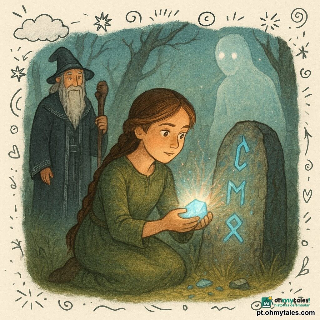 Elara, rosto determinado e maravilhado, cabelo castanho longo trançado, veste um vestido verde de lã gasto, ajoelhada diante de uma pedra rúnica, colocando o último fragmento brilhante com luz azul iluminando o rosto; Cédric, mago idoso de barba branca longa, robe escura com bordados prateados, em pé à esquerda ao fundo com um cajado entalhado olhando com orgulho; figura espectral semi-transparente com olhos como lanternas flutuando atrás da pedra em postura protetora; clareira antiga ao crepúsculo com erva alta, névoa leve e troncos retorcidos cobertos de musgo, pedra rúnica central gravada com runas azuis brilhantes e fragmentos cintilantes ao redor; cena principal: Elara coloca o último fragmento, um feixe de luz colorida jorra, runas se acendem e partículas mágicas giram, composição centrada, atmosfera misteriosa e calorosa.