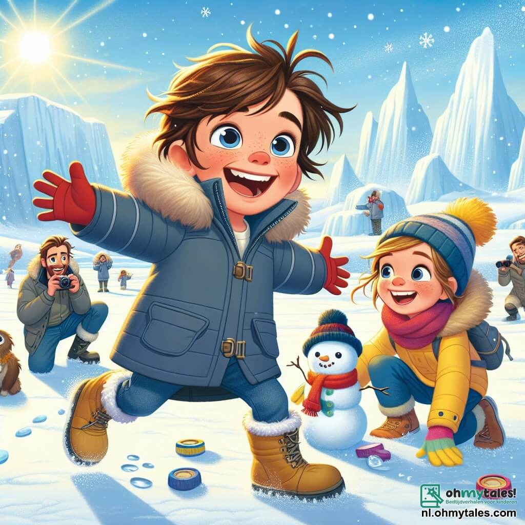 Een 6-jarig jongetje, Finn, met ruw bruin haar en nieuwsgierige ogen, draagt een dikke blauwe jas en een rode muts. Hij staat in de sneeuw met zijn armen wijdopen en een grote glimlach op zijn gezicht, verwonderd door het landschap. Naast hem staat zijn 4-jarige zusje Noor, met blond haar en roze wangen, in een gele overall, terwijl ze sneeuwpoppen maakt met kleurrijke handschoenen. Hun vader, een man van in de dertig met een bruine baard, kijkt lachend naar de kinderen, terwijl hun moeder, een glimlachende vrouw met kastanjebruin haar, foto's maakt met haar camera. De achtergrond toont een uitgestrekt Antarctisch landschap met glinsterende ijzige bergen onder de zon, zacht vallende sneeuwvlokken en een heldere blauwe lucht. De belangrijkste situatie laat Finn en Noor zien die in de sneeuw spelen, omringd door bevroren landschappen, terwijl een groep nieuwsgierige pinguïns hen van een afstandje observeert.