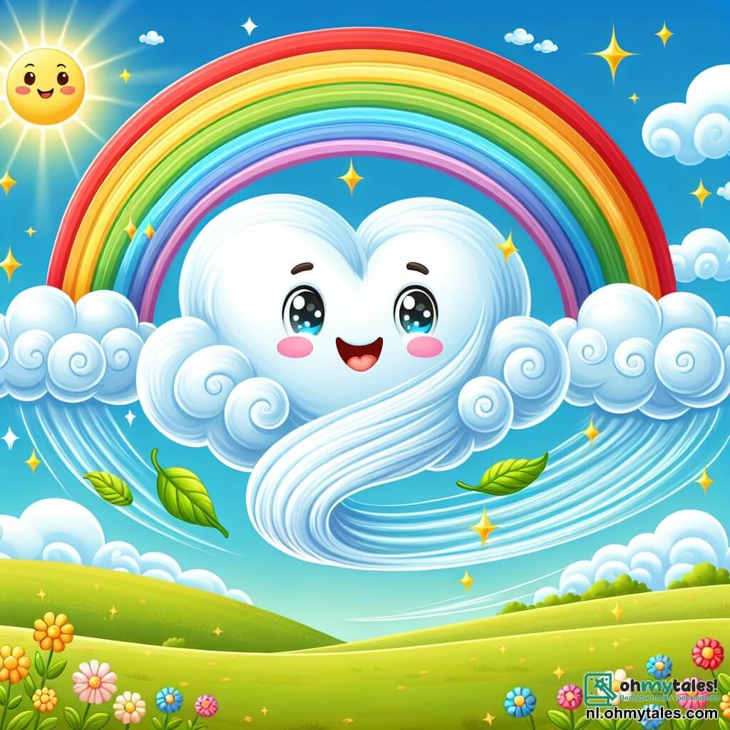 Fluffy, een schattige en zachte hartvormige wolk, zweeft vrolijk in de lucht met een grote glimlach op zijn gezicht. Zijn contouren zijn pluizig en wit, en hij is bezaaid met kleine fonkelende sterren die om hem heen stralen. Fluffy creëert een prachtige kleurrijke regenboog met levendige tinten rood, geel, groen en blauw, die majestueus in de lucht uitstrekt. Naast hem wordt de Wind afgebeeld als een vriendelijke en ondeugende figuur, met wervelende haren en een glimlachend gezicht. Hij blaast zachtjes om Fluffy te helpen de regenboog te stabiliseren, terwijl hij bladeren om hen heen laat dansen. De achtergrond toont een groene heuvel, bezaaid met kleurrijke bloemen die onder de bries buigen. Op de achtergrond is een heldere blauwe lucht met enkele witte wolken en een stralende zon die de scène verlicht met zijn gouden licht. De hoofdscene toont Fluffy en de Wind die vrolijk samenwerken om een schitterende regenboog te creëren ter ere van Moederdag, wat liefde en vriendschap symboliseert in een magisch en feestelijk moment.