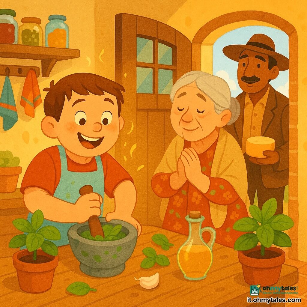 Giovane Mattia (12 anni), volto rotondo e sorriso ampio, capelli castani corti, grembiule azzurro chiaro macchiato di pesto, pesta nel mortaio foglie di basilico verde brillante; la nonna Lina (70 anni), capelli grigi raccolti, vestito a fiori e scialle beige, sta vicino al tavolo con le mani congiunte e gli occhi chiusi ad annusare; il signor Nino (45 anni), giacca bruna e sottile baffo, alla finestra con una piccola forma di formaggio osserva fiero; cucina di campagna luminosa con tavolo di legno rustico, vasi di terracotta con basilico, raggio di sole dalla finestra a quadretti, mensole con barattoli e strofinacci colorati; Mattia prepara un pesto lucido con lampi d'olio dorato, scena calda e vivace, ricca di colori e texture semplici.