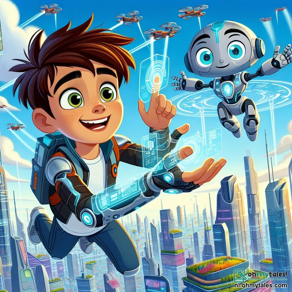 Een 10-jarig jongetje, genaamd Jasper, zweeft vrolijk in de lucht dankzij zijn futuristische Aero-Suit. Hij heeft rommelig bruin haar, sprankelende ogen van nieuwsgierigheid en een brede glimlach terwijl hij de stad verkent. Naast hem staat een vriendelijke robot genaamd Zino, met een glanzend metalen uiterlijk en heldere ogen, die hem aanmoedigt met een gebaar. Zino is groot en heeft een humanoïde vorm, en staat dicht bij een holografisch scherm dat informatie over de stad toont. De achtergrond is Nova Horizon, een futuristische stad met glinsterende gebouwen die naar de lucht reiken. Vliegende auto's glijden soepel tussen de wolkenkrabbers, terwijl hangende tuinen in levendige kleuren leven aan de omgeving toevoegen. De lucht is helderblauw met lichte wolken. Jasper is bezig met het oplossen van een luchtverkeersprobleem, geconcentreerd op zijn technologische armband, terwijl drones om hem heen vliegen en goederen naar de inwoners van de stad brengen.