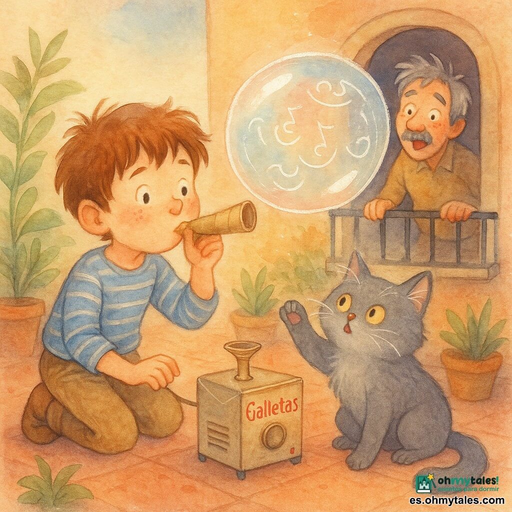 Un chico, Nico, rostro redondo con pecas y pelo castaño alborotado, mira maravillado mientras sopla por un tubo de cartón sobre una caja de galletas convertida en máquina; junto a él, un gato gris llamado Nube, de pelaje suave y ojos amarillos, extiende una pata hacia una burbuja gigante irisada que contiene remolinos de risa y se eleva hacia la ventana abierta donde el señor Rufino, un hombre de unos 60 años de cabello sal y pimienta despeinado, aparece sorprendido y divertido; la escena ocurre en un patio de vecindario con suelo de baldosa roja, macetas verdes y luz cálida de tarde.