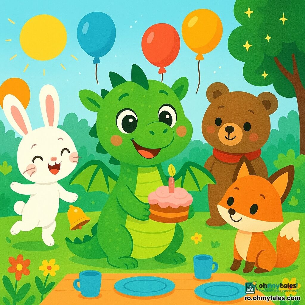 Un dragon verde, numit Dodo, cu solzi strălucitori și ochi plini de bucurie, zâmbește ținând un tort mic decorat cu cremă. Este înconjurat de baloane colorate care plutesc în jurul său, iar aripile lui mari sunt desfăcute cu entuziasm. Lângă el, un iepuraș alb, Luni, cu urechi mari și un nas drăguț, sare de bucurie ținând un clopoțel aurit. Un ursuleț brun, Momo, cu blană moale și ochi rotunzi, zâmbește ținând o eșarfă moale, stând imediat în spatele lui Dodo. O vulpiță portocalie, Fifi, cu o coadă pufoasă, privește tortul cu uimire, pregătită să guste. Scena are loc într-o grădină însorită, plină de flori colorate și iarbă verde, unde o masă mare este așezată cu farfurii și pahare. Lumini strălucitoare în copaci adaugă o notă magică atmosferei. Dodo și prietenii săi sărbătoresc ziua lui de naștere cu râsete și jocuri, înconjurați de decorațiuni festive, în timp ce soarele strălucește și licuricii dansează în jurul lor, creând o ambianță veselă și călduroasă.