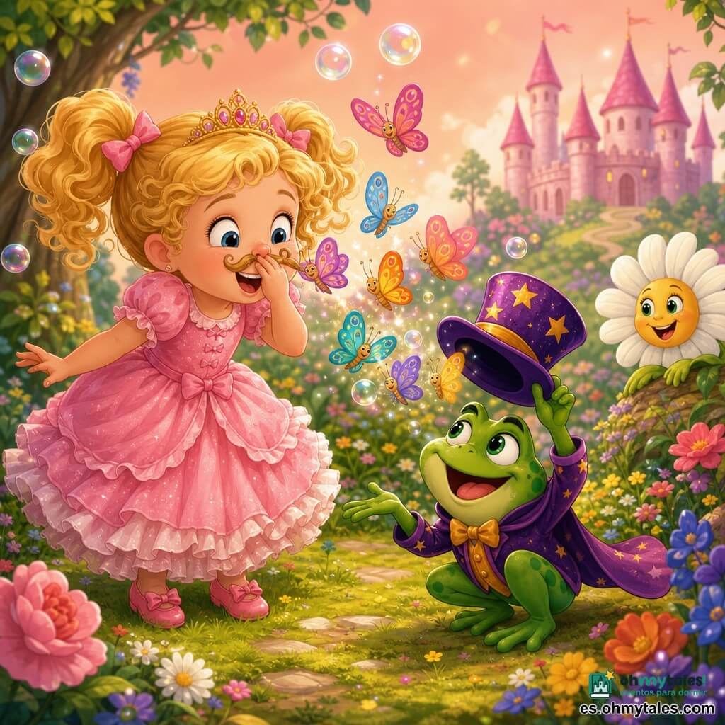 Princesa Lola, niña de unos 5 años, adorable y alegre, cabello rubio rizado en dos coletas, vestido rosa con volantes, ríe sujetándose la nariz porque mariposas de colores le hacen cosquillas en el bigote; mira asombrada. El sapo-sapo, un pequeño sapo mago macho verde esmeralda con un gran sombrero morado con estrellas doradas, está agachado frente a Lola y agita su sombrero del que salen las mariposas; sonríe pícaro. Una margarita parlante blanca y amarilla asoma desde el borde del sendero florido, con ojos redondos y pétalos animados, canta y observa la escena en segundo plano. Lugar: claro del bosque mágico cerca de un castillo rosa a lo lejos, suelo cubierto de musgo, campo de flores multicolor, cielo salmón suave, luz brillante y burbujas flotantes. Situación: momento cómico y tierno en que la princesa es cosquilleada por mariposas saliendo del sombrero del sapo, todo muy colorido, expresivo y con mucho movimiento, composición simple y legible para un niño pequeño.