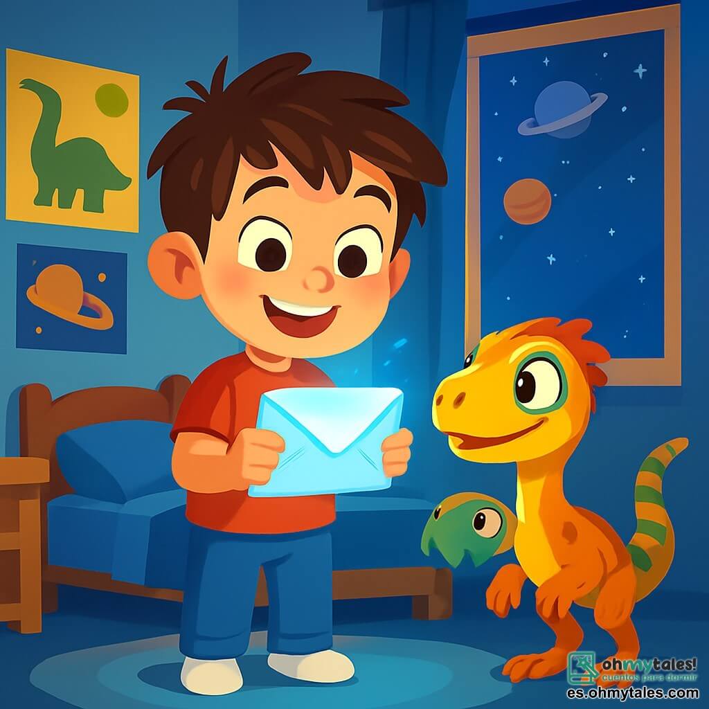 Un niño de 6 años, Lucas, con el cabello castaño desordenado y ojos llenos de curiosidad, se encuentra en el centro de la escena, sosteniendo una carta misteriosa en sus pequeñas manos. Su rostro expresa gran emoción, con una amplia sonrisa y mejillas sonrojadas. A su lado, un dinosaurio amistoso, un pequeño velociraptor de plumas coloridas, lo mira con ojos brillantes, listo para la aventura. La escena tiene lugar en la habitación de Lucas, decorada con pósters de dinosaurios y planetas, con un cielo estrellado visible por la ventana. La habitación está iluminada por una suave luz azul que emana de la carta, creando una atmósfera mágica y misteriosa. Lucas, intrigado, se prepara para seguir la luz azul que lo invita a viajar en el tiempo, mientras el velociraptor parece impaciente por partir en la aventura con él.