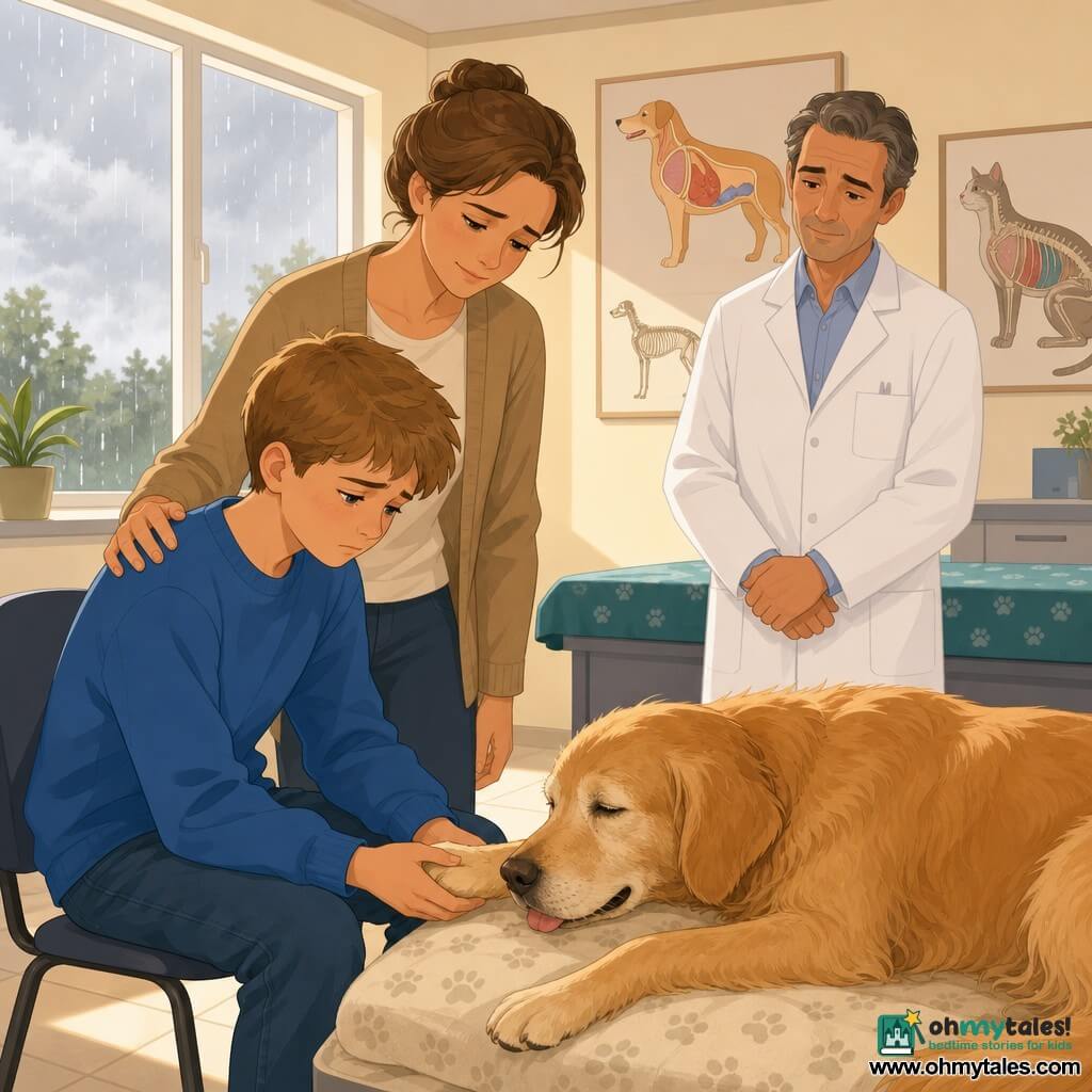 A tender final goodbye in a small bright veterinary clinic: a sad 12-year-old boy with teary eyes and short light-brown hair, wearing a blue sweatshirt and jeans, sits holding the paw of an elderly golden retriever with a shiny coat, lying on a soft blanket, tongue slightly out; a calm 40-year-old woman with brown hair in a bun stands with a comforting hand on the boy’s shoulder, and a gentle 50-year-old male veterinarian in a white coat stands respectfully nearby; cream walls, a large window showing gray sky and light rain, colorful anatomical posters, and warm light falling on the three create a quiet, loving atmosphere.