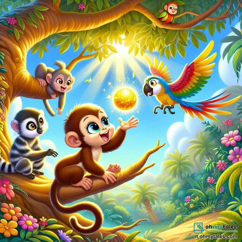 Mimi, la piccola scimmia dagli occhi brillanti e dal sorriso radioso, è appollaiata su un ramo di un albero dorato, il suo pelo marrone e setoso scintilla sotto il sole. Esprime grande curiosità ed eccitazione, allungando la mano verso un frutto magico che brilla come l'oro, sospeso proprio sopra di lei. Accanto a lei, Paco, il pappagallo colorato con piume rosse, blu e verdi, vola in cerchi attorno a lei, le ali spiegate, mostrando un'espressione gioiosa e incoraggiante. Più in basso, Lila, il piccolo lemure dalla coda striata, osserva con occhi meravigliati, saltellando impaziente su un ramo vicino. Il contesto è una giungla lussureggiante, piena di fogliame verde brillante, fiori colorati che danzano al vento, e un cielo blu chiaro punteggiato di nuvole soffici. Al centro di questa scena magica, un maestoso albero dalle foglie dorate si erge fiero, illuminato dalla luce del sole, creando un'atmosfera incantata. La situazione principale mostra Mimi, piena di entusiasmo, pronta a afferrare il frutto magico, mentre i suoi amici la incoraggiano con grida gioiose, tutti uniti in questa ricerca di avventura e magia.