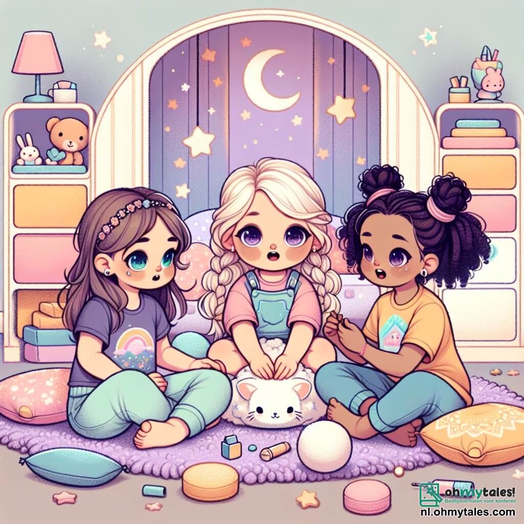 In een mooie kamer zijn drie meisjes bij elkaar: - Lina, een 7-jarig meisje met lange bruine haren en sprankelende ogen, zit in het midden op een groot zacht kussen, er een beetje bezorgd uitziend. - Sara, een 8-jarig meisje met blonde vlechten en ronde brilletjes, staat naast Lina en houdt haar hand vast met een geruststellende glimlach. - Mia, een 7-jarig meisje met krullend haar en een kleurrijk t-shirt, zit in een hoek van de kamer en bouwt een fort van kussens en dekens. De kamer is versierd met pastelwanden, met glinsterende sterren aan het plafond en een zacht licht van een maanlamp. Speelgoed ligt verspreid over de vloer en knuffels staan op een plank. De drie vriendinnen zijn bezig een knus fort te maken om zich te beschermen tegen de angst voor het donker, terwijl ze lachen en verhalen delen terwijl ze naar de fonkelende sterren buiten de venster kijken.