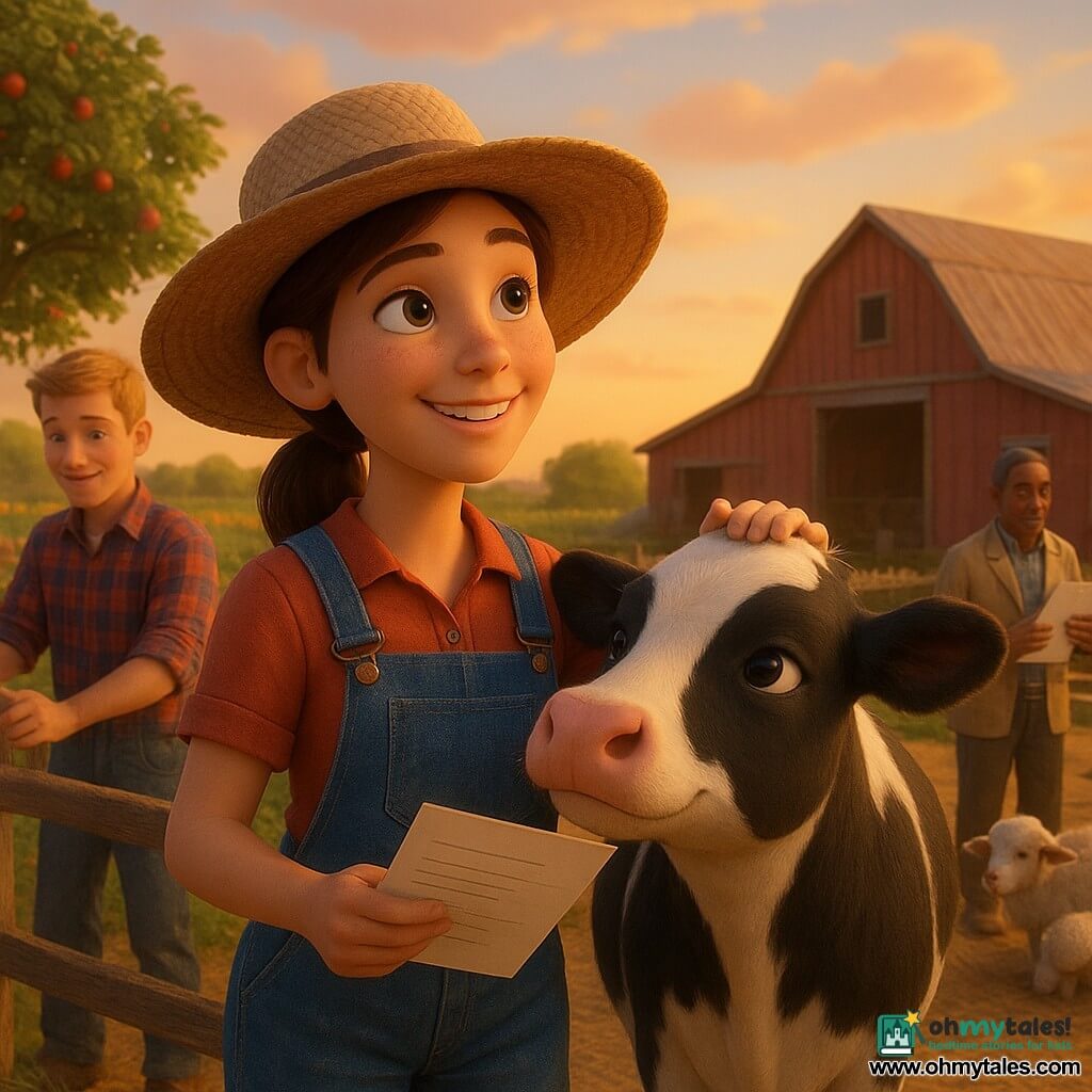 Main woman: a smiling, determined 25-year-old farmer with chestnut hair tied under a wide straw hat, slightly dusty denim overalls, holding a bill and petting a cow while looking at the sky; secondary boy: Ben, about 16, short blond hair, in a plaid shirt holding pliers repairing a fence slightly left of her; secondary man: Mr. Thompson, a 50-year-old vet with graying hair and a khaki jacket holding a white clipboard near the barn examining calves; animals: a large black-and-white cow named Daisy with gentle eyes, several plump calves and woolly sheep in a pen; setting: a farm at sunset with an apple tree, colorful vegetable rows, an old red tin-roof barn, an ochre dirt path and an orange sky; scene: a warm, optimistic moment as the farmer, aided by her friend and the vet, considers saving the farm's energy while caring for the animals, bathed in golden light and a serene, hopeful atmosphere.