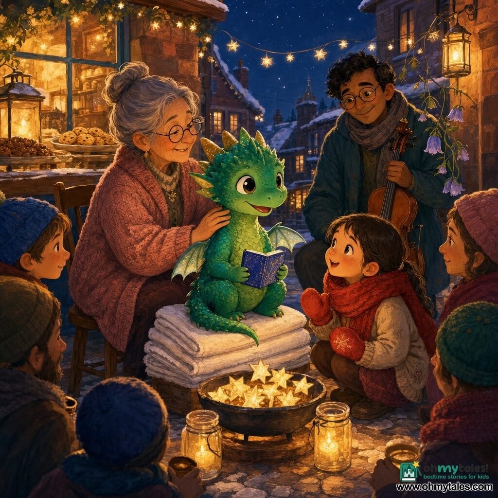 The main character is Pipp, a small joyful dragon with glossy emerald scales, tiny translucent wings and round curious eyes, sitting on a stack of white hand towels above a bakery, holding a sparkly blue notebook and telling a story; Grandma Nila, an elderly smiling woman with gray hair in a bun and a dawn-colored knitted cardigan, sits on a wooden chair hugging him with a hand on his scaly neck; Maisie, an excited little girl in a red scarf and mittens, crouches in the foreground clutching her new mitten with wide eyes; Mr. Rao, a middle-aged musician with round glasses, leans back with his violin against the wall, smiling and ready to play, small bell-shaped flowers near his instrument; the setting is a winter village street at dusk with warm brick facades, golden string lights, a bakery counter with cookie trays, glass lanterns on wooden tables and a cobbled ground dusted with snow; the scene is an intimate New Year gathering around the dragon, candles in jars casting an amber glow, shy stars in the night sky and a bowl of paper stars at the center, creating a warm, gentle, hopeful atmosphere.