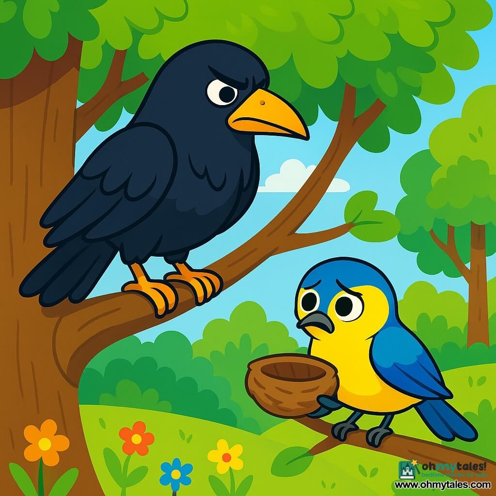 A majestic raven with shiny black feathers and piercing eyes stands proudly on a branch of a large oak tree. Its expression is full of determination and wisdom as it carefully watches a small tit. The little tit, with its bright yellow plumage and round eyes, is perched on a lower branch, looking anxious and desperate, holding its nest in its tiny paws. The setting is a lush forest with trees having vibrant green leaves and colorful flowers scattered on the ground. Sunlight filters through the branches, creating dancing shadows on the ground. In this scene, the raven helps the tit find its lost nest, symbolizing friendship and solidarity among animals.