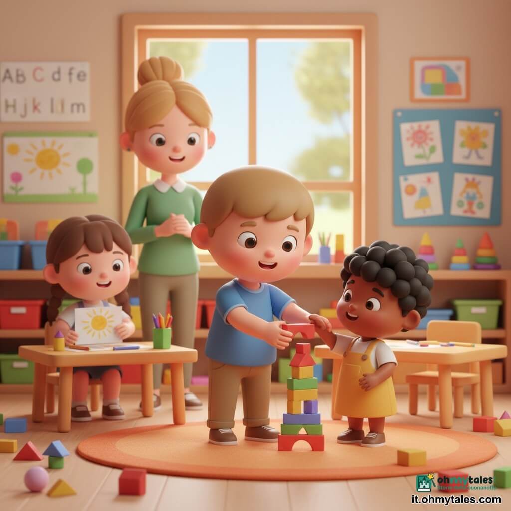 Un bambino di 4 anni, gioioso e benevolo, capelli castano chiaro corti, occhi rotondi, indossa una maglietta blu e pantaloni kaki, porge un piccolo blocco rosso sorridendo mentre aiuta a costruire una torre su un tappeto; un bambino di 3 anni, timido poi felice, capelli neri ricci, più piccolo, con una salopette gialla riceve il blocco e appoggia la mano sulla torre seduto a destra; una bambina di 5 anni, concentrata e sorridente, capelli castani raccolti in codini e vestito a fiori, disegna un grande sole con i pastelli su un tavolo dietro a sinistra; un'insegnante di circa 28 anni, dolce e orgogliosa, capelli biondi raccolti in uno chignon e camice verde, osserva sorridente vicino a uno scaffale basso con giocattoli; l'aula è calda e colorata con tappeto arancione, tavolini in legno chiaro, scatole di blocchi multicolori, poster dell'alfabeto e disegni dei bambini alle pareti e una grande finestra che lascia entrare luce soffusa; situazione principale: i due bambini costruiscono insieme una grande torre in un'atmosfera collaborativa, luminosa e tenera.