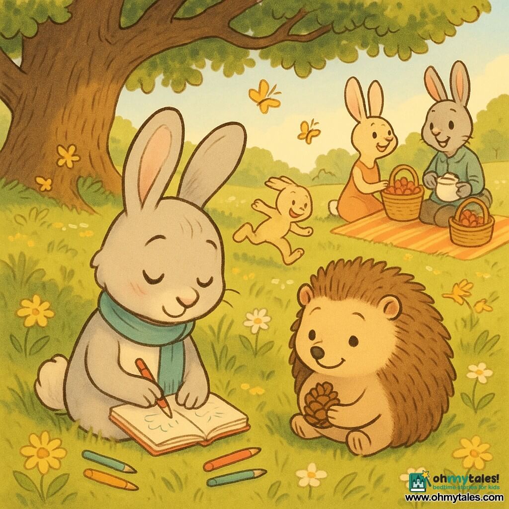 Main character: Willow, a young rabbit with long floppy ears, light gray fur with white touches and a sky-blue scarf, sitting on grass drawing in a small sketchbook with colored pencils, serene and focused; secondary: Daisy, a round soft-faced hedgehog with brown rounded quills, calm smile, holding a lucky pinecone and sitting beside Willow watching the drawing; Thistle, Willow’s smaller energetic brother with beige fur, playful grin, chasing butterflies among flowers in the background; optional: parents near a striped picnic blanket, smiling and arranging strawberry baskets and tea; setting: a meadow under a broad ancient oak with dappled sunlight, fresh grass and yellow and white flowers, a sparkling stream in the distance; mood: peaceful summer afternoon, warm colors and soft textures, composition centered on Willow and Daisy to convey calm and camaraderie.