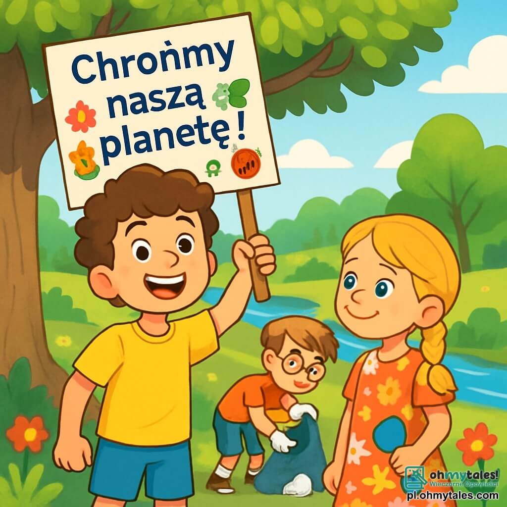 10-letni chłopiec Szymek z brązowymi, kręconymi włosami i dużym entuzjastycznym uśmiechem stoi pod majestatycznym drzewem z zielonymi liśćmi. Ma na sobie jaskrawożółtą koszulkę i niebieskie szorty, trzyma kolorowy plakat z napisem "Chrońmy naszą planetę!" oraz rysunkami kwiatów i zwierząt. Obok niego jego najlepsza przyjaciółka Zosia, 10-letnia dziewczynka z warkoczami blond włosów, w kwiecistej sukience, z podziwem patrzy na Szymka, trzymając małą plastikową łopatkę. Nieco dalej Olek, 10-letni chłopiec z brązowymi włosami i okrągłymi okularami, zbiera śmieci w parku z determinacją na twarzy. Miejsce to zielony park, oświetlony słońcem, z kolorowymi kwiatami, majestatycznymi drzewami i migoczącą rzeką w tle. Główna scena pokazuje Szymka i jego przyjaciół w akcji, zjednoczonych w sprzątaniu parku i uświadamianiu innych dzieci o ochronie środowiska, z radosnymi uśmiechami i atmosferą koleżeństwa.