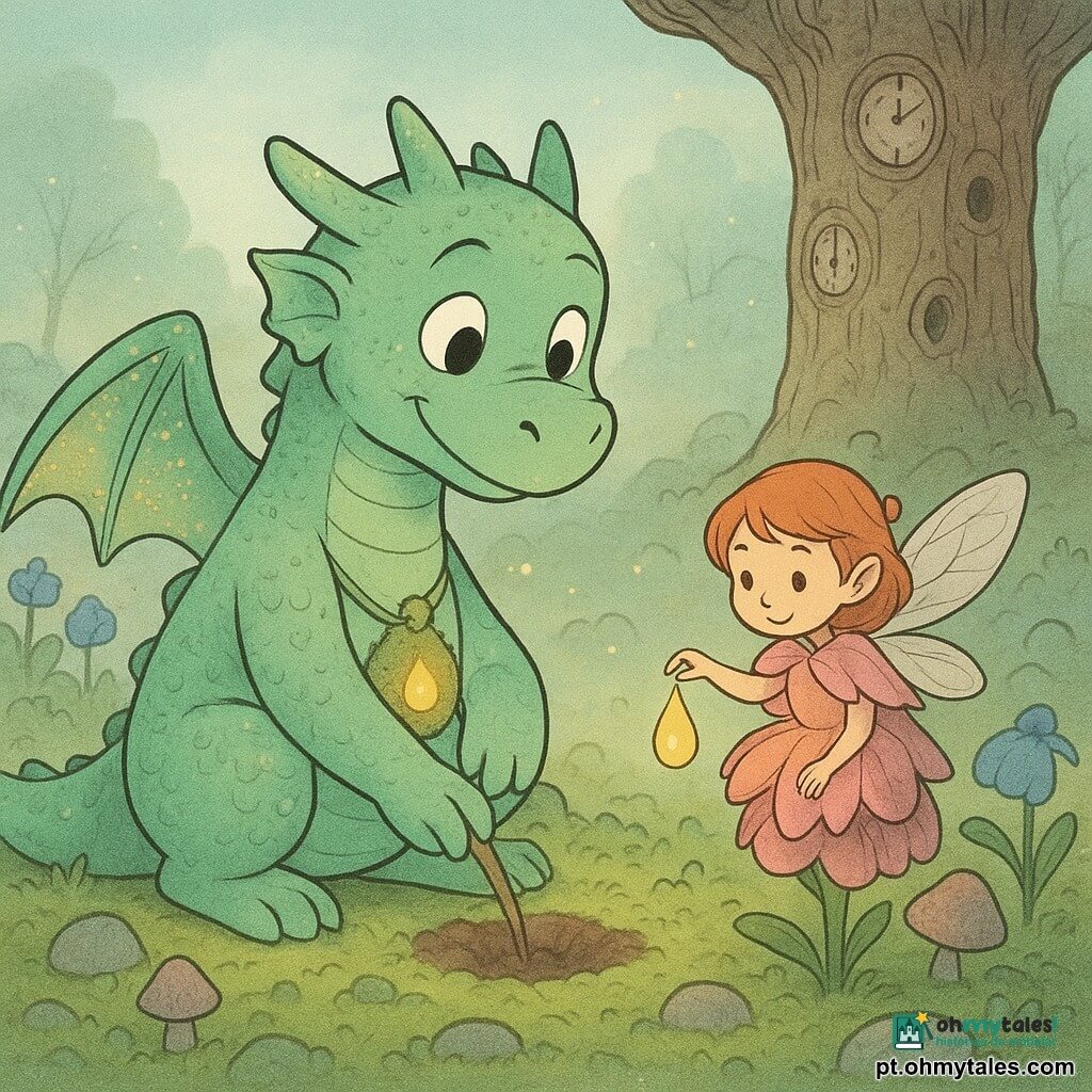 Um dragão chamado Luar, gentil e soulagé, com olhos brilhantes e sorriso tímido, escamas verde-menta com glitter dourado nas bordas das asas, ajoelhado para plantar uma pequena semente luminosa em um saco de musgo preso ao peito; a Fada Pinga, pequena, de asas translúcidas e capa de pétalas rosas, pousada numa flor ao lado, observa benevolente segurando uma gota de água dourada; cenário: vale enevoado em tons pastéis, flores azuis em formato de sino, cogumelos sino e uma grande Árvore-Relógio de tronco rugoso com pequenas aberturas em forma de relógio, solo coberto de musgo macio e pedras arredondadas; a fada derrama a gota de ouro sobre a semente estrelada, uma pedra quente repousa ao lado e a névoa se transforma em pequenas luzes flutuantes; estilo gráfico: linhas limpas, cores suaves e luminosas, texturas detalhadas de musgo e escamas, expressões faciais muito legíveis, atmosfera mágica e calma.