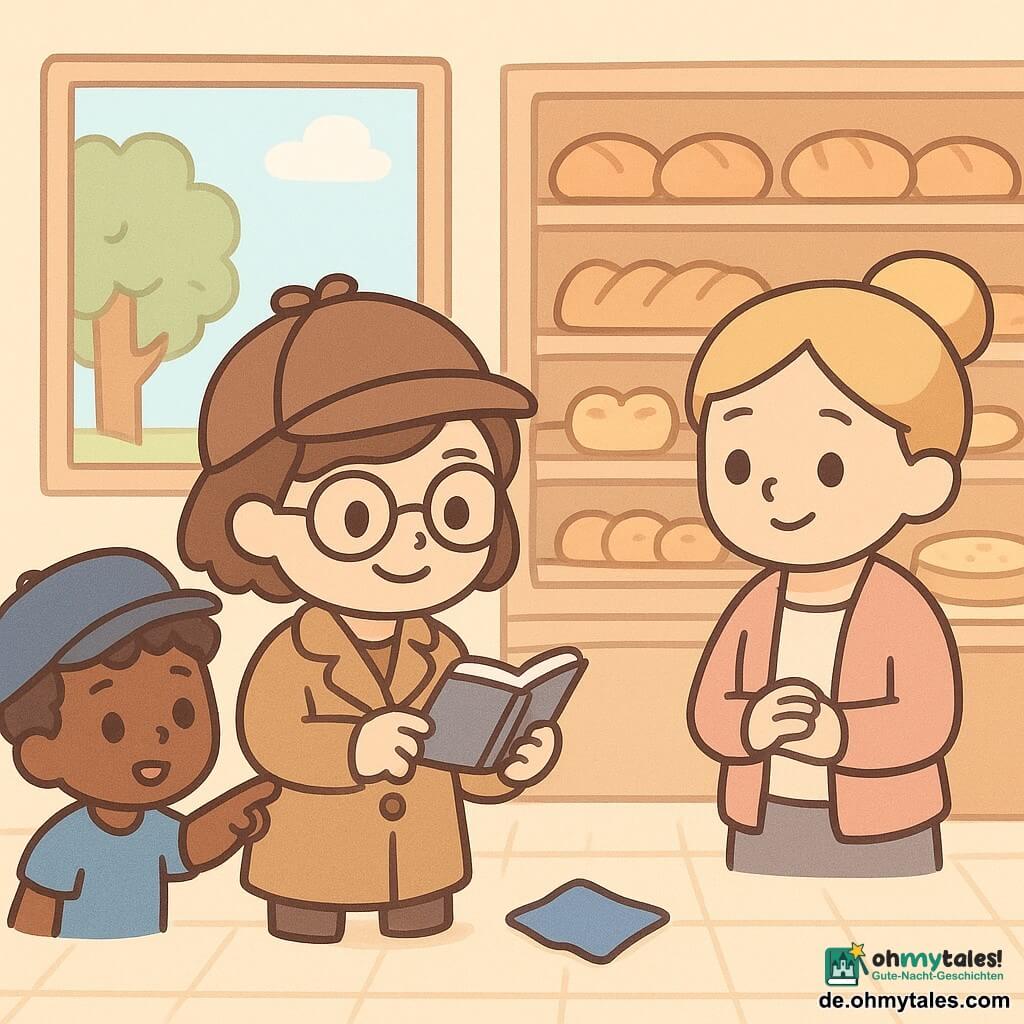 Eine Detektivin, Leni, mit kurzen braunen Haaren und runden Brillen, zeigt ein selbstbewusstes Lächeln. Sie hält ein kleines offenes Notizbuch in der Hand und beobachtet aufmerksam den Boden. Neben ihr steht eine Frau mittleren Alters, Frau Sommer, mit blonden Haaren, die zu einem Knoten gebunden sind, und schaut Leni erleichtert an. Ein Junge, Max, etwa 12 Jahre alt, mit lockigem Haar und einer Kappe, zeigt auf einen nahegelegenen Baum. Die Szene spielt in einer kleinen, gemütlichen Bäckerei mit Regalen voller Brote und Gebäck. Die Hauptsituation zeigt Leni, die ein kleines Stück blauen Stoff auf dem Boden entdeckt, beleuchtet vom sanften Morgenlicht, das durch das Fenster fällt.
