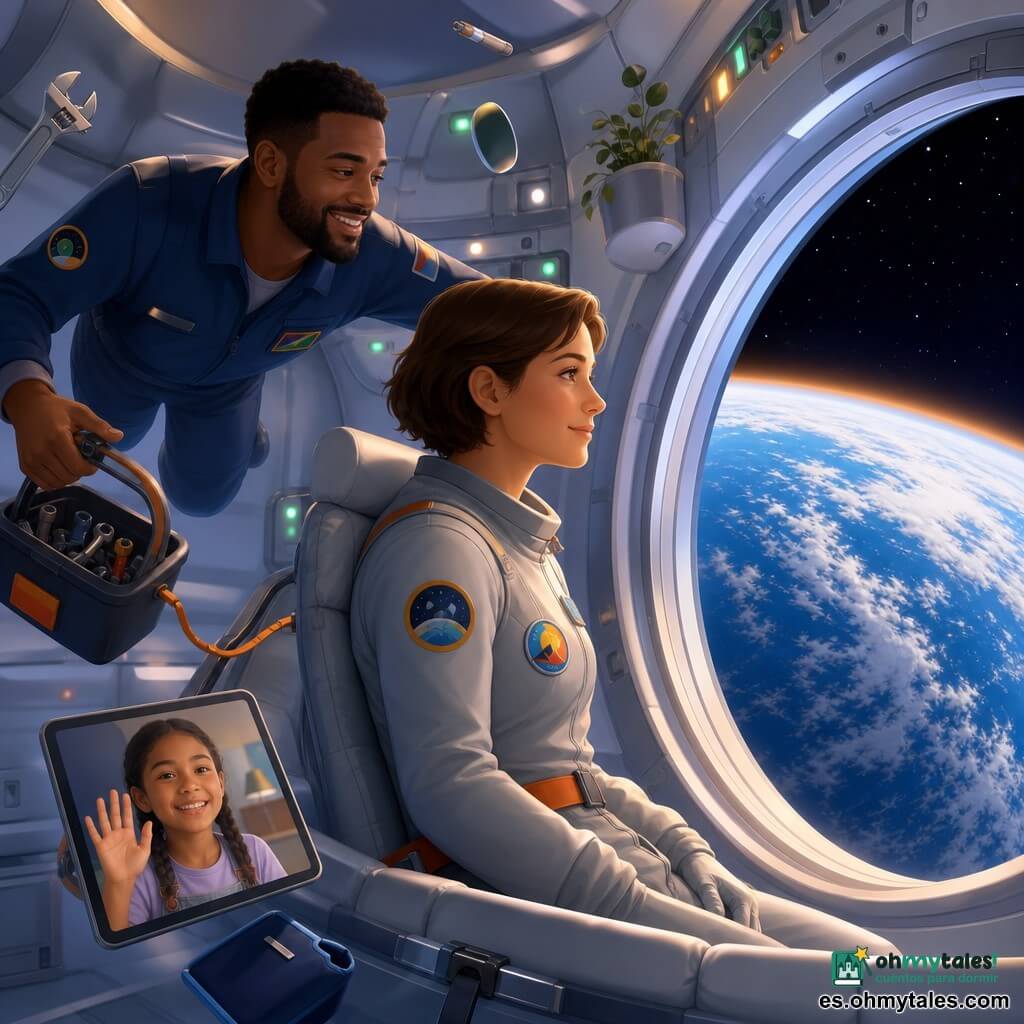 Mujer astronauta adulta de cabello corto castaño, expresión dulce y contemplativa, traje espacial gris claro con parches coloridos, sentada y sujeta con una correa en el borde de la cúpula mirando la Tierra por una amplia ventana circular; hombre adulto (Malik), sonriente con barba corta y mono de trabajo azul oscuro, flota detrás con una caja de herramientas sujeta por una cuerda; niña (Lía), unos 10 años, con trenza, aparece sonriendo y saludando desde la pantalla de una tableta junto a la astronauta. Interior de la estación: cúpula metálica con acolchados blancos, paneles con luces verdes y naranjas, velcros y redes para objetos, algunos instrumentos y una pequeña planta fijada al muro; vista clara de una Tierra azul y blanca con un borde de horizonte anaranjado. Escena tranquila y cálida, luz suave terrestre, objetos flotando lentamente, atmósfera de curiosidad y protección.