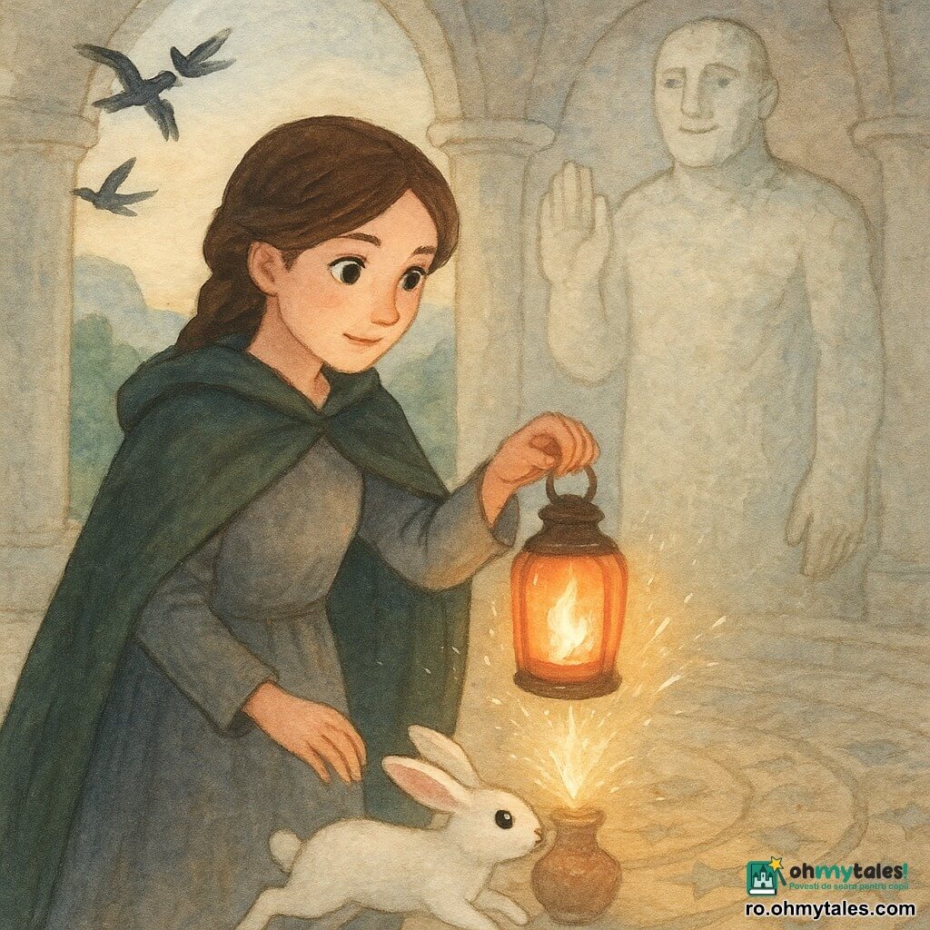 Elira, tânără cu față blândă și hotărâtă, ochi mari și luminoși, păr brun împletit, poartă o mantie verde închis și o rochie din in gri, ține o mică lanternă cu sticlă roșie care emite o lumină caldă și o plasează lângă un vas de lut; în fundal, un uriaș de piatră binevoitor, masiv și texturat ca piatra albă, stă cu mâna ridicată ca o binecuvântare, iar în prim-plan un iepure alb curios sare lângă picioarele Elirei privind flacăra; câțiva corbi negri zboară spre depărtare formând un arc întunecat; locul e o sală circulară săpată în piatră albă, coloane rotunde, mozaic stelat pe podea și un arc care se deschide spre o vale înconjurată de stânci albe, lumină blândă de după-amiază filtrând printr-o deschizătură ovală în tavan; momentul magic când Elira pune lanterna și o flacără alb-aurie țâșnește din vas, luminând mozaicul și făcând să apară uriașul de piatră; atmosferă calmă, eroic-fantasy, culori pastel cu accente aurii pe flacără; stil acuarelă cu lavisuri moi, texturi granuloase de piatră și reflexe calde pe lanternă, cu tușe albe pentru scântei și ochi.