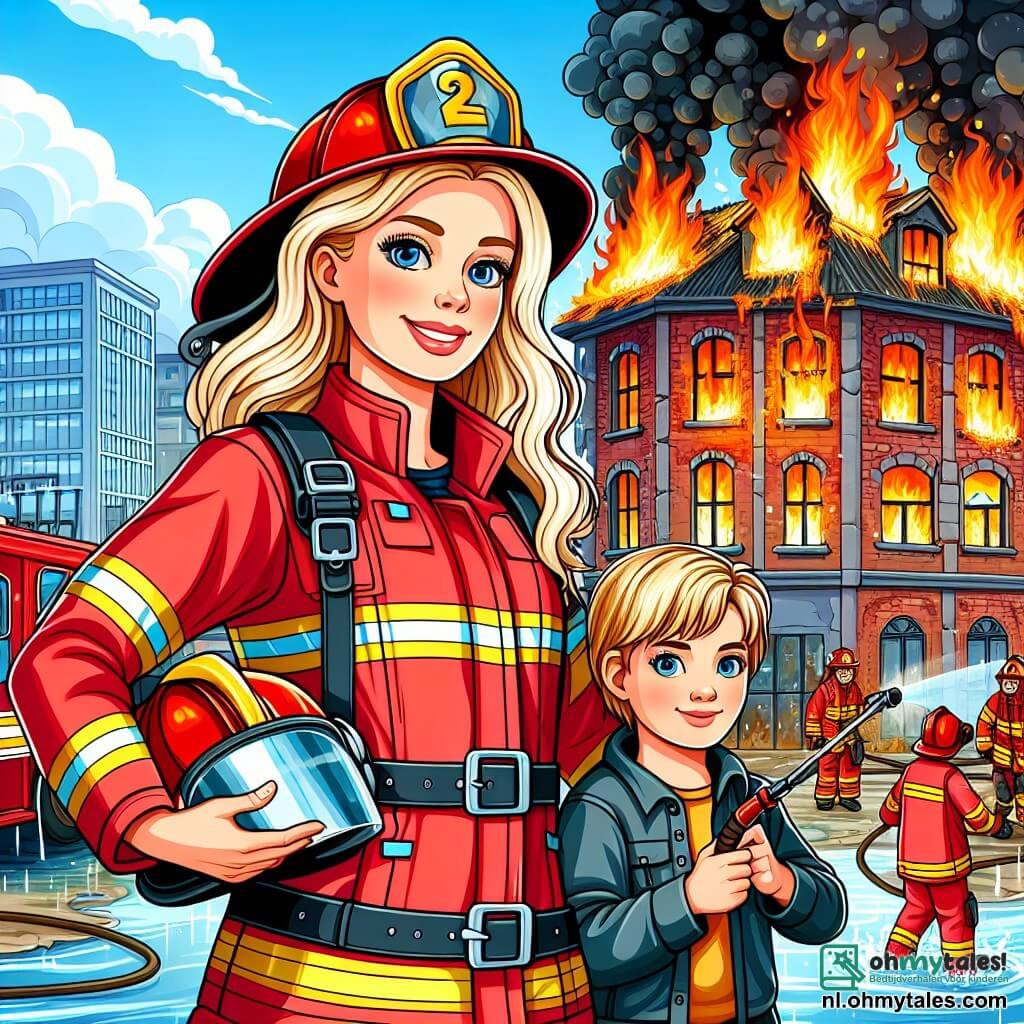Een brandweervrouw, Emma, staat trots voor een oud gebouw in brand, met feloranje vlammen en zwarte rook die de blauwe lucht in stijgen. Ze draagt een stralend rode overall, een glanzende helm en een vastberaden glimlach op haar gezicht, wat haar moed en concentratie toont. Naast haar staat een 8-jarig jongetje, Lars, met blond haar en sprankelende ogen, die met bewondering kijkt en een klein plastic brandweerhelm vasthoudt, geïnspireerd door Emma's moed. Op de achtergrond is het oude gebouw, met rode bakstenen en gebroken ramen, omringd door brandweermannen die samenwerken om het vuur te blussen. De scène is vol energie en beweging, met spetters water en collega's die druk in de weer zijn, wat een sfeer van kameraadschap en vastberadenheid creëert.