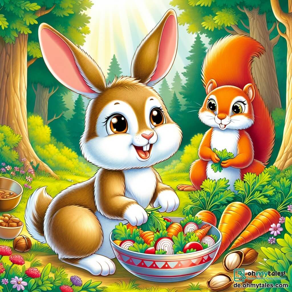 Ein kleiner Hase mit großen Ohren und weichem braunem Fell, dessen Augen vor Freude strahlen, bereitet eine wunderschöne Schüssel mit bunten Karotten und feinen Kräutern vor. Stolz lächelt er, während seine kleinen, geschickten Pfoten um die Zutaten wuseln. Neben ihm beobachtet ein kleines, lebhaftes Eichhörnchen mit buschigem, rotem Fell begeistert, seine strahlenden Augen voller Bewunderung. Es hält eine Handvoll Haselnüsse bereit, um sie der Schüssel hinzuzufügen, und lächelt breit, glücklich, an dieser Kreation teilzunehmen. Die Szenerie ist eine charmante Ecke des Waldes mit majestätischen Bäumen, bunten Wildblumen und einem sanften Sonnenstrahl, der durch die Äste filtert und die Szene in goldenes Licht taucht. Die Hauptsituation zeigt den kleinen Hasen und seine Freundin, die ein köstliches Gericht zum Vatertag zubereiten, umgeben von der Schönheit der Natur und einem Moment der Verbundenheit und Freude.