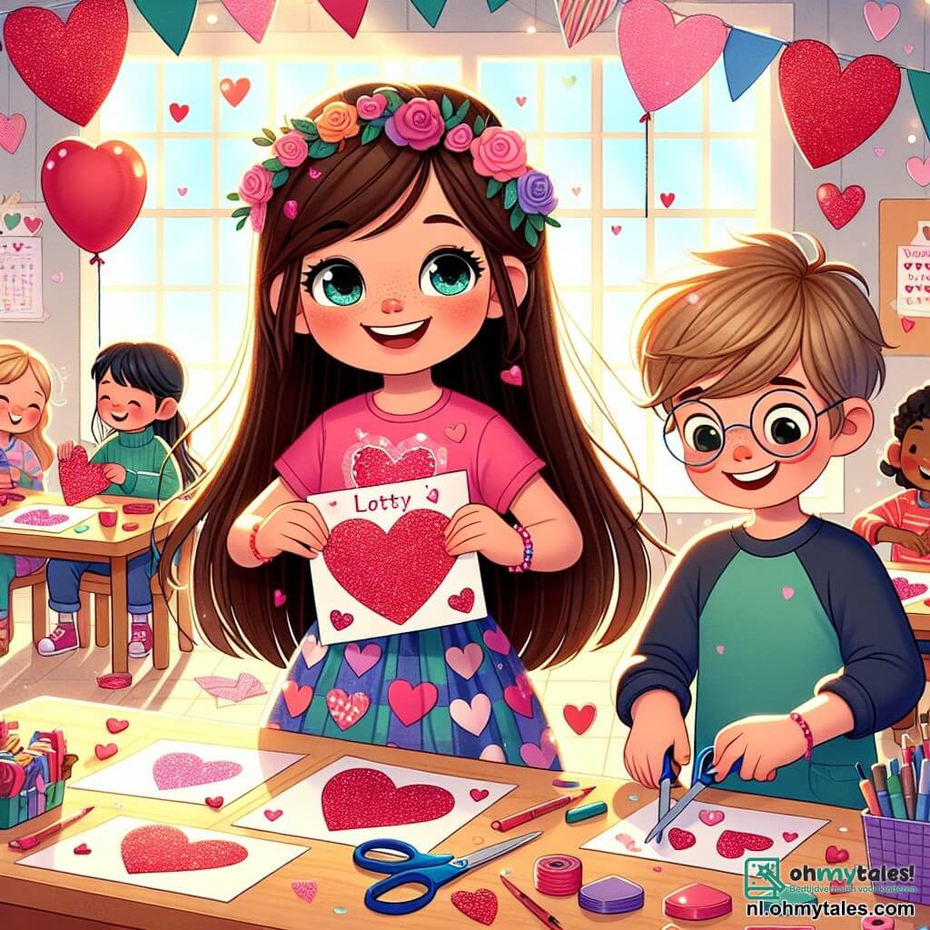 Een 10-jarig meisje, Lotte, met lang bruin haar en sprankelende ogen, staat in het midden van de afbeelding, glimlachend en vol enthousiasme. Ze draagt een roze t-shirt met harten en een kleurrijke rok, terwijl ze een Valentijnskaart versierd met glitters in haar handen houdt. Naast haar knipt haar beste vriend Sam, een 10-jarig jongen met blond haar en ronde bril, harten uit gekleurd papier, met een grote glimlach op zijn gezicht. Op de achtergrond is een vrolijk versierde klaslokaal te zien met rode ballonnen en papieren harten, houten tafels vol knutselmaterialen, en ramen die zonlicht binnenlaten. Lotte en Sam, omringd door hun vrienden, bereiden kaarten en koekjes voor om Valentijnsdag te vieren, wat een sfeer van kameraadschap en vreugde creëert.