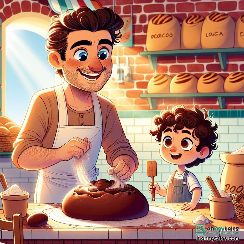 Un uomo di nome Marco, un pizzaiolo di circa quarant'anni, si trova al centro della sua panetteria, sorridente con occhi brillanti di gioia. Ha capelli castani leggermente ricci, un viso amichevole e indossa un grande grembiule bianco macchiato di farina. Marco sta modellando una bella palla di pasta al cioccolato, con le mani piene di farina e amore. Accanto a lui, un ragazzo di nome Luca, di sei anni, con capelli ricci e un grande sorriso, osserva con meraviglia. Indossa un piccolo grembiule blu e tiene una spatola di legno, pronto ad aiutare Marco nella sua creazione. La scena si svolge in una panetteria calda e colorata, con muri in mattoni e scaffali pieni di pane dorato e dolci. Raggi di sole filtrano attraverso le finestre, illuminando la farina nell'aria e creando un'atmosfera magica. Marco e Luca stanno preparando insieme del pane al cioccolato, circondati da sacchi di farina e ingredienti freschi, condividendo risate e momenti di complicità, illustrando la gioia di creare insieme.