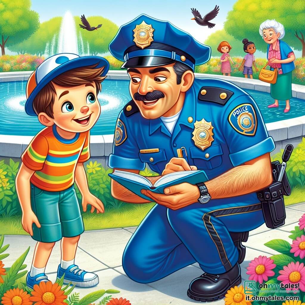 Un poliziotto di nome Marco, sorridente e benevolo, indossa una divisa blu brillante con una cintura di attrezzi. Ha i capelli castani e un cappello con visiera lucida. Marco si china con uno sguardo determinato, pronto ad aiutare un bambino. Accanto a lui, un ragazzo di otto anni, Tommaso, con capelli castani e occhi curiosi, osserva attentamente. Indossa una maglietta colorata e un pantaloncino, tenendo un piccolo quaderno in mano, pronto a prendere appunti. La scena si svolge vicino a una fontana in un parco soleggiato, circondata da alberi verdi e fiori vivaci. Gli uccelli volano intorno, aggiungendo vita all'ambiente. Marco e Tommaso stanno parlando con una signora anziana, la signora Rosa, che sembra sollevata e felice, mentre cercano insieme un braccialetto perso vicino alla fontana.