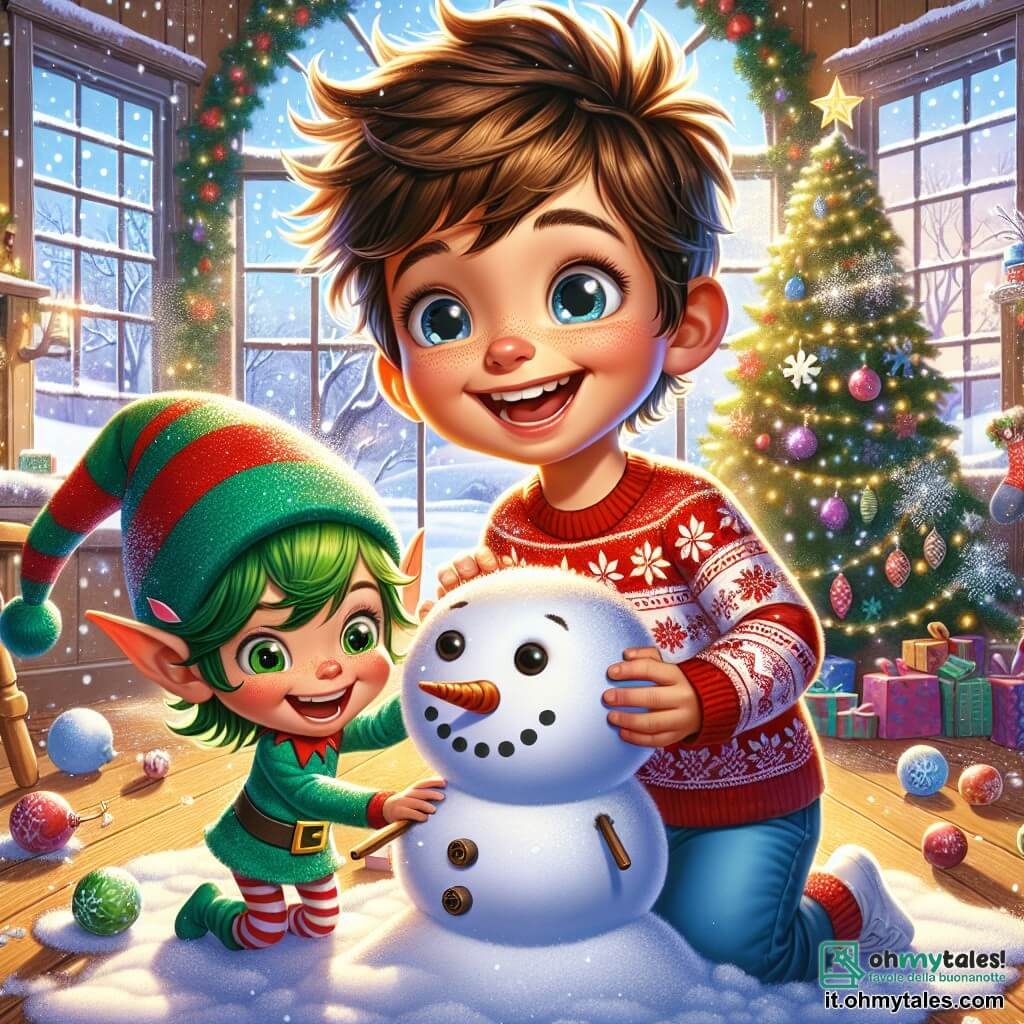 Un bambino di 4 anni, di nome Marco, con capelli castani in disordine e grandi occhi scintillanti di gioia, sta facendo un pupazzo di neve dentro casa. Indossa un maglione rosso con motivi di fiocchi di neve e pantaloni blu. Il suo viso irradia eccitazione e felicità mentre sorride ampiamente. Accanto a lui, un folletto burlone di nome Nino, con capelli verdi e un cappello a punta, ride gioiosamente. Nino ha un viso malizioso e indossa un costume colorato con motivi festivi. Lancia una palla di neve scintillante in aria, aggiungendo un tocco magico alla scena. La stanza è calda e accogliente, con un grande albero di Natale decorato con luci e palline colorate. Fiocchi di neve cadono dolcemente attraverso la finestra, illuminando la stanza con una luce soffusa e fatata. La scena principale mostra Marco e Nino che giocano insieme, circondati dalla neve, creando ricordi gioiosi e magici in un incantevole scenario natalizio.