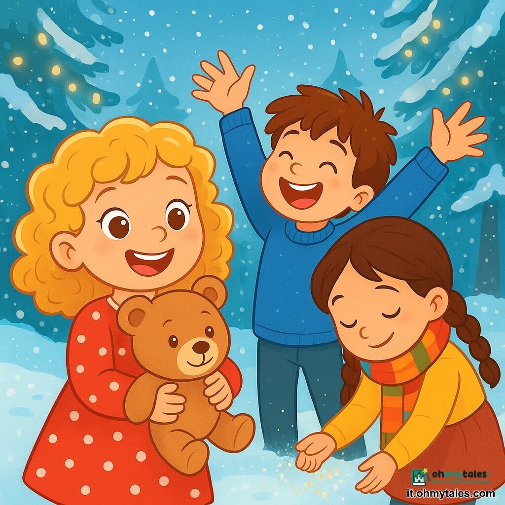 Una bambina di 6 anni, di nome Giulia, con capelli ricci e dorati, sorride gioiosamente, con gli occhi brillanti di eccitazione. Indossa un vestito rosso a pois bianchi e tiene tra le braccia un orsacchiotto di peluche di nome Bombo, che ha un viso amichevole e occhi scintillanti. Accanto a lei, il suo amico Marco, un ragazzo di 7 anni con capelli castani disordinati e un maglione blu, alza le braccia in aria, ridendo di felicità. Sara, una bambina di 6 anni con trecce e una sciarpa colorata, si piega per raccogliere delle paillettes luccicanti sul terreno innevato. La scena si svolge in un bellissimo bosco invernale, dove gli alberi sono coperti di neve scintillante e i fiocchi di neve cadono dolcemente dal cielo. Le luci di Natale brillano tra i rami, creando un'atmosfera magica e festosa. I bambini stanno raccogliendo paillettes magiche che brillano alla luce del sole, ridendo e divertendosi insieme, riempiendo le loro tasche di tesori luccicanti per decorare l'albero di Natale di Giulia.