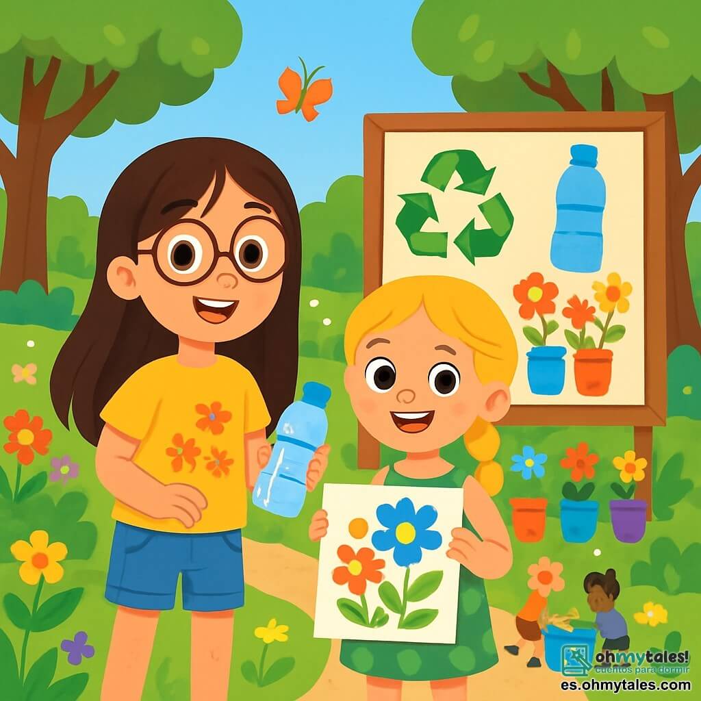 Hay 2 personajes principales: - Sofía: una niña de 8 años con cabello largo castaño y gafas redondas. Lleva una camiseta amarilla con un estampado de flores y un short de mezclilla. Sofía sostiene una botella de plástico, sonriendo, lista para reciclar. - Clara: una niña de 8 años con trenzas rubias y ojos brillantes. Lleva un vestido verde con lunares y sandalias. Clara está al lado de Sofía, sosteniendo una pintura de flores coloridas que hizo con botellas recicladas. La situación principal tiene lugar en un parque verde, lleno de flores de todos los colores. Majestuosos árboles ofrecen sombra y un camino de grava serpentea por el parque. Al fondo, hay un gran cartel de madera con dibujos sobre el reciclaje, rodeado de un jardín de macetas coloridas hechas de botellas recicladas. La escena muestra a Sofía y Clara, rodeadas de sus amigos, recogiendo basura en el parque. Se ríen y se animan mutuamente, mientras los niños decoran botellas para convertirlas en jardineras. La atmósfera es alegre y llena de energía, con mariposas volando a su alrededor.