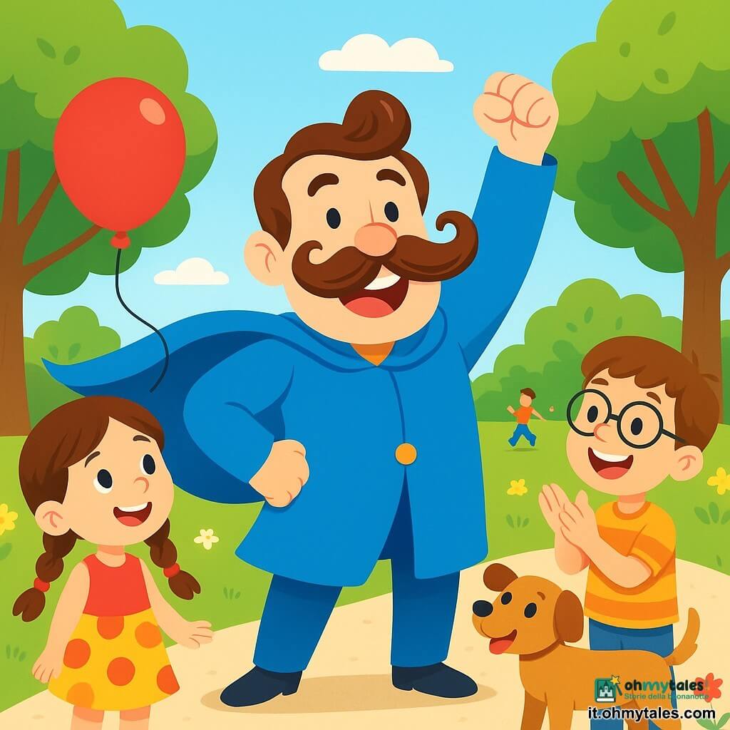 Un uomo felice, SuperBaffo, si trova al centro dell'immagine, con grandi baffi ricci e un sorriso splendente. Indossa un mantello blu brillante che fluttua nel vento, i suoi occhi brillano di malizia. Sta facendo una posa eroica, sollevando un braccio in aria con un'espressione trionfante. Alla sua destra, una bambina di circa 7 anni, con capelli castani e trecce, guarda SuperBaffo con occhi meravigliati. Indossa un vestito colorato e tiene un pallone rosso che ha appena ritrovato. Alla sua sinistra, un bambino di 6 anni, con occhiali e una maglietta a righe, applaude con entusiasmo, un grande sorriso sul volto. La scena si svolge in un parco soleggiato, con alberi verdi lussureggianti e fiori colorati che costeggiano un sentiero di ghiaia. I bambini giocano sullo sfondo e un piccolo cane curioso si avvicina a SuperBaffo. SuperBaffo ha appena ritrovato il pallone perso dai bambini, e tutti ridono gioiosamente insieme, creando un'atmosfera di felicità e amicizia.