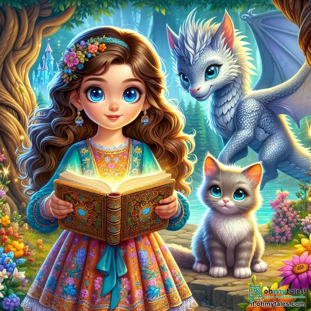 Al centro dell'immagine, una ragazza di 9 anni di nome Livia, con lunghi capelli castani ondulati e occhi pieni di curiosità, sorride con determinazione. Indossa un vestito colorato decorato con motivi floreali e tiene un antico libro magico aperto tra le mani, circondata da una dolce luce dorata. Accanto a lei, un gattino blu di nome Zaffiro, con occhi scintillanti e orecchie a punta, la guarda con aria birichina, pronto ad aiutarla nella sua missione. Sullo sfondo, un maestoso drago argenteo, con squame lucenti e ali spiegate, sorvola i due amici, i suoi occhi dolci e rassicuranti vegliano su di loro. Il paesaggio è una foresta incantata, con alberi giganti dai tronchi nodosi e foglie che brillano come smeraldi sotto un cielo blu splendente. Fiori colorati con facce sorridenti e animali fantastici popolano l'ambiente, creando un'atmosfera magica e accogliente. La scena principale mostra Livia, Zaffiro e il drago argenteo uniti in un momento di determinazione, pronti ad affrontare una sfida per salvare il loro mondo, con una luce brillante che emana dal libro magico, simboleggiando la speranza e la magia dell'amicizia.