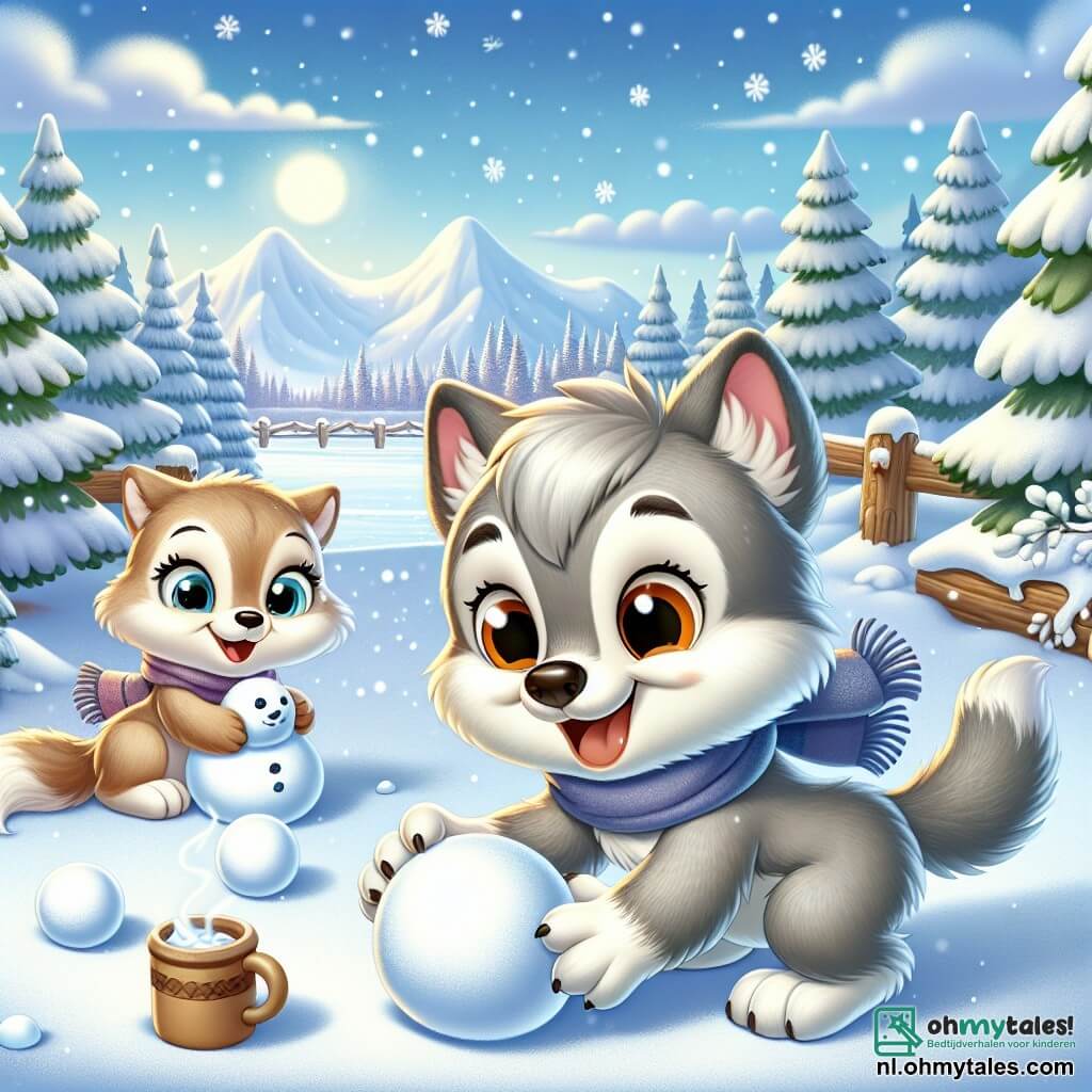 Een kleine wolf genaamd Lupo, met een zachte grijze vacht en grote nieuwsgierige ogen, is een sneeuwpop aan het maken in een magisch winterlandschap. Hij heeft een stralende glimlach op zijn gezicht, vol opwinding en vreugde. Naast hem kijkt zijn moeder, een lichtbruine wolvin, trots toe, met glinsterende ogen van geluk terwijl ze een kop warme chocolademelk vasthoudt. Ze staat iets naar achteren, haar kleine met genegenheid observerend. Het decor is een prachtig besneeuwd landschap, met majestueuze bomen bedekt met glinsterende sneeuw, een heldere blauwe lucht en zacht vallende sneeuwvlokken. De grond is bedekt met een dikke laag ongerepte sneeuw, en in de verte is er een bevroren meer te zien, perfect om op te schaatsen. De scène toont Lupo die sneeuwballen aan het rollen is om zijn sneeuwpop te maken, terwijl zijn moeder glimlacht en geniet van dit moment van familiegeluk in het hart van de winter.