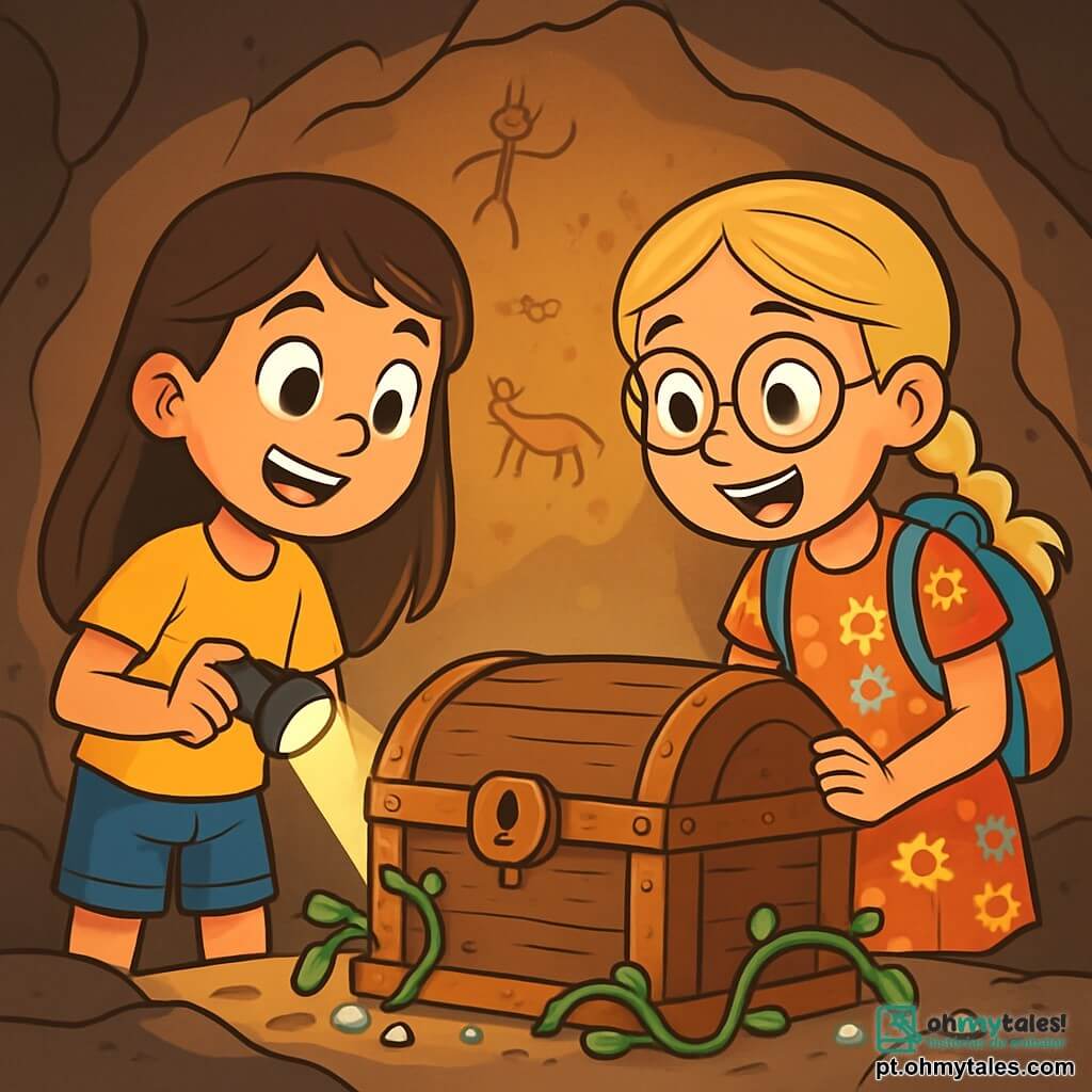 Há 2 personagens principais: - Clara: uma menina de 9 anos, com longos cabelos castanhos e olhos brilhantes de curiosidade. Ela usa uma camiseta amarela e um short de jeans, segurando uma lanterna na mão. - Sofia: uma menina de 9 anos, com cabelos loiros trançados e óculos redondos. Ela veste um vestido florido e uma mochila colorida, olhando para um velho baú com um olhar maravilhado. A cena acontece dentro de uma caverna misteriosa, com paredes de pedra rugosa iluminadas pela luz das lanterna das meninas. Desenhos antigos estão gravados nas paredes e um velho baú de madeira, adornado com ferragens enferrujadas, está no centro da sala, cercado por cipós verdes e pequenas pedras cintilantes. As duas amigas, Clara e Sofia, descobrem o tesouro escondido no baú, com os rostos iluminados pela excitação e surpresa, prestes a abrir a tampa e revelar as maravilhas que estão escondidas.