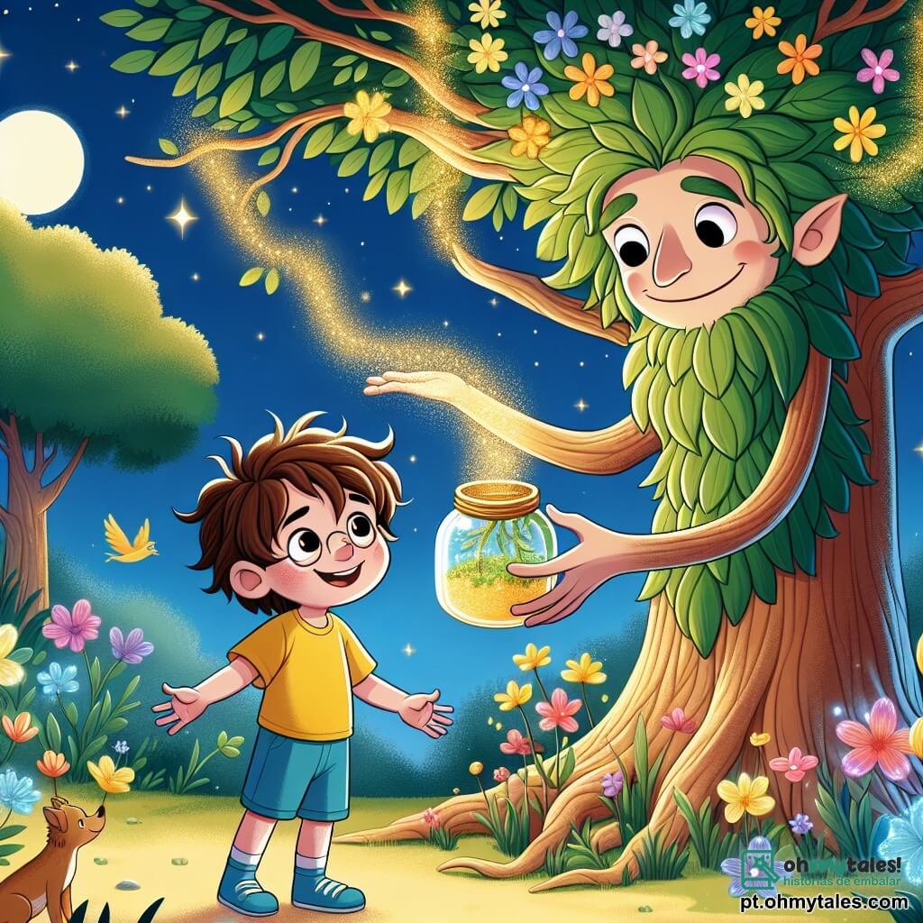 Um menino de 4 anos, Leo, com cabelos castanhos bagunçados e olhos brilhantes de curiosidade, está no centro da cena. Ele usa uma camiseta amarela vibrante e um short azul, sorrindo maravilhado enquanto segura um jarro dourado cheio de água mágica. Ao seu lado, a Guardiã da Natureza, uma majestosa árvore antropomórfica, tem um tronco largo e folhas verdes brilhantes que cintilam. Ela sorri suavemente para Leo, com seus galhos se estendendo como braços acolhedores. O cenário é uma floresta mágica, cheia de plantas coloridas e luminescentes, com flores que dançam e mudam de cor sob a luz de um céu estrelado. Pequenos animais, como pássaros com penas brilhantes, voam ao redor, acrescentando à magia do lugar. A cena principal mostra Leo, deslumbrado, despejando água de seu jarro em uma planta que floresce instantaneamente, iluminando a cena com uma suave luz.