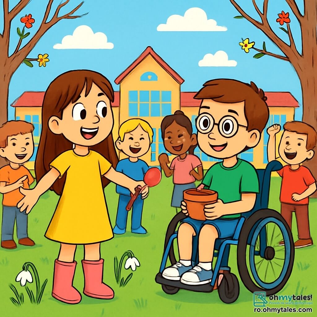 Există două personaje principale: - Andreea: o fată de 9 ani, cu păr lung și castaniu și ochi strălucitori. Ea poartă o rochie galbenă aprinsă și cizme de cauciuc roz. Se află în stânga, cu brațele deschise, zâmbind în direcția lui Vlad. - Vlad: un băiat de 9 ani, cu păr scurt și castaniu, purtând ochelari rotunzi. Este așezat într-un scaun cu rotile albastru, îmbrăcat cu un tricou verde și pantaloni scurți din denim. Se află în dreapta Andreei, ținând o mică sacoșă de grădinărit. Locul unde se desfășoară situația principală este curtea școlii, înconjurată de copaci mari cu ramuri goale, cu flori colorate care încep să înflorească. Solul este acoperit cu iarbă verde strălucitoare, presărată cu mici ghiocei albi, iar un cer albastru deschis se întinde deasupra lor, presărat cu nori pufoși. Situația principală a poveștii îi arată pe Andreea și Vlad, entuziaști, pregătiți să planteze flori împreună. Andreea ține o mică lopățică din plastic, în timp ce Vlad zâmbește ținând un ghiveci cu pământ. Ei sunt înconjurați de colegi de clasă care îi încurajează, creând o atmosferă veselă și plină de viață.