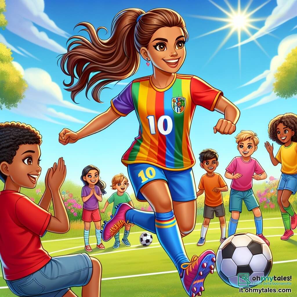 Al centro dell'immagine, Chiara, una giovane donna atletica di circa 25 anni, sta dribblando un pallone da calcio con un grande sorriso sul volto. Indossa una maglietta colorata con il numero 10, pantaloni corti e scarpe sportive, con i capelli castani raccolti in una coda di cavallo dinamica. I suoi occhi brillano di entusiasmo e determinazione, mostrando la sua passione per il gioco. Intorno a lei, diversi bambini, ragazzi e ragazze di età compresa tra 8 e 10 anni, la osservano con ammirazione. Un ragazzo biondo, vestito con una maglietta rossa, applaude sorridendo, mentre una ragazza dai capelli ricci e castani, con una maglietta blu, cerca di riprodurre i movimenti di Chiara con un pallone ai piedi. Sono tutti riuniti su un campo da calcio verde, circondato da fiori colorati e alberi sullo sfondo, sotto un cielo blu e soleggiato. La scena si svolge su un campo sportivo vivace, dove i bambini stanno imparando a giocare a calcio con la loro idola. Chiara, in piena dimostrazione, mostra ai bambini come dribblare e tirare, creando un'atmosfera gioiosa e ispiratrice, piena di risate e incoraggiamenti.