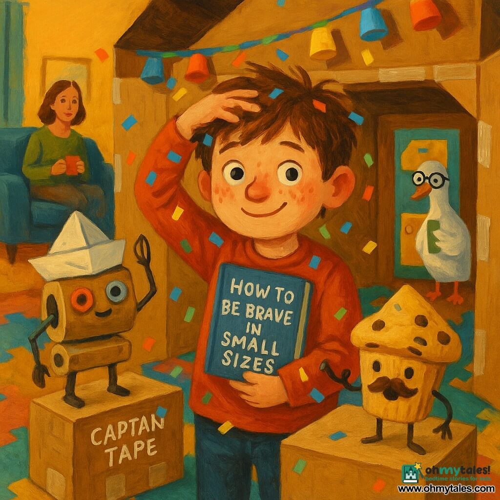 An 8-year-old shy but smiling boy with a round freckled face, messy brown hair and wide curious eyes holds a small cardboard book titled How to Be Brave in Small Sizes and wipes paper confetti from his head; to his right is Captain Tape, a small rolling cardboard machine with a paper captain's hat and mismatched button eyes, saluting with a paperclip; Sir Muffin, a light-brown anthropomorphic muffin with a chocolate-chip mustache and pipe-cleaner arms, sits on a box-table in the foreground looking joyful; Gooseberry the librarian, a white goose with round glasses holding a bookmark, stands in the cereal-box doorway behind the boy; the mother sits on a couch at the left background with a tea cup, watching benevolently; the setting is the interior of a large cardboard ship placed in a living room, light-brown paneled walls taped with shiny adhesive, cereal-box windows, paper garlands, cup lanterns, and a colorful cardboard puzzle-piece floor; the scene is a warm, slightly absurd moment as the boy emerges from the box-ship among confetti and cardboard characters, in saturated ochre, red and turquoise tones with visible acrylic paint texture and expressive brushstrokes.