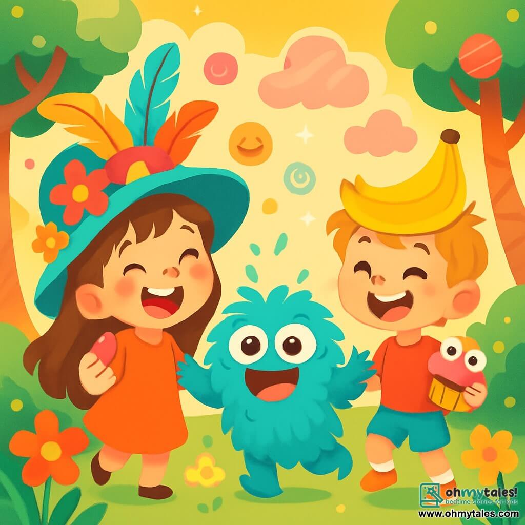 A 6-year-old girl named Lily, with long brown hair and sparkling eyes, wears a large colorful hat adorned with flowers and feathers. She is laughing heartily, her cheeks rosy, holding a jellybean in her hand. Next to her is her friend Max, a 6-year-old boy with messy blond hair and a mischievous smile, wearing a banana-shaped hat and enjoying a round-eyed cupcake. The setting is a magical garden filled with multicolored flowers, floating laughter, and sparkling lights. Twisted tree trunks and candy-shaped clouds enhance the whimsical atmosphere. The scene shows Lily and Max joyfully dancing with the Giggle Monster, a soft, fluffy creature with bright blue fur and big round eyes, who joins them in a cheerful dance. Laughter bubbles float around them, creating an atmosphere of happiness and magic.