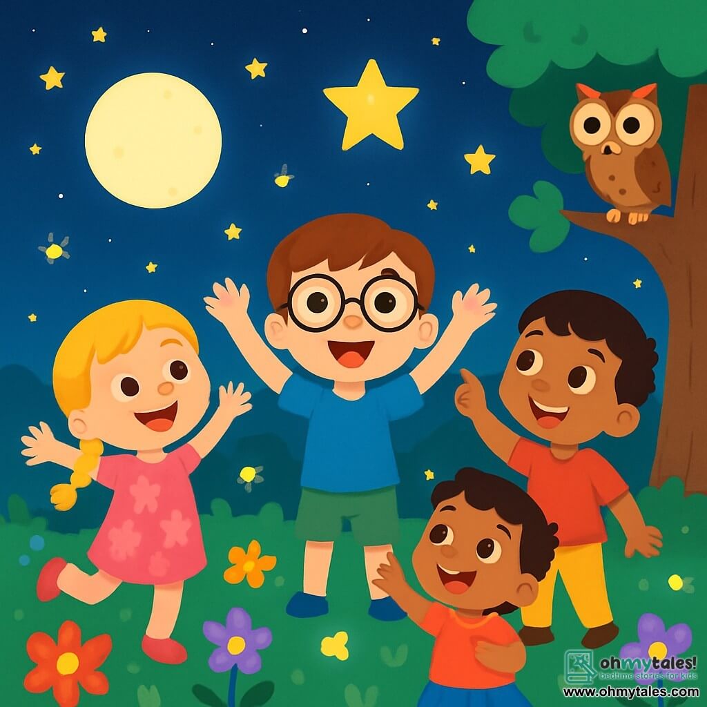 There are 4 children: Sam, an 8-year-old boy with brown hair and round glasses, wearing a blue t-shirt and green shorts, standing in the center with arms raised, gazing at the starry sky in wonder. Lily, a 7-year-old girl with braided blonde hair and a pink floral dress, is to the left of Sam, jumping for joy with curious eyes. Ravi, a 6-year-old boy with black hair and a bright smile, wearing a red t-shirt and beige pants, is to the right of Sam, pointing at a shining star in the sky. Mia, a 5-year-old girl with curly brown hair and a small blue skirt, is just behind Lily, raising her hands in excitement. The setting is a magical garden under a night sky, filled with colorful flowers with bright red, yellow, and purple petals. Fireflies sparkle around them, and a large round moon illuminates the scene. In the background, an old majestic oak tree houses a wise owl with wide, bright eyes. The main scene shows the children in awe, looking at a bright star twinkling in the sky, as if inviting them on an adventure, surrounded by magic and colors, ready to discover the wonders of Ramadan.