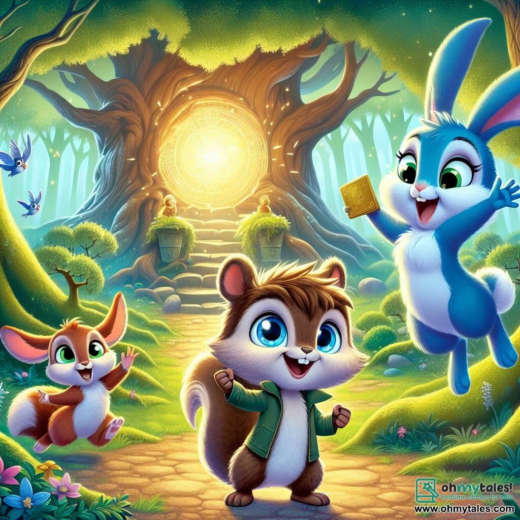 Simon, a small squirrel with sparkling eyes and a fluffy tail, stands in the center of the image with a look of wonder on his face, holding a shiny golden ticket in his tiny paws. Next to him, Ruby, a rabbit with large ears and silky fur, jumps for joy, her eyes wide with surprise as she waves her front paws in the air. Bella, a bright blue bird with shimmering feathers, perches on a nearby branch, singing joyfully with her wings spread, full of enthusiasm. The setting is an enchanted clearing surrounded by majestic trees with vibrant green leaves, with rays of sunlight filtering through the branches, creating a magical atmosphere. In the background, an ancient oak tree with twisted roots and a massive trunk houses a glowing portal shimmering with golden light, symbolizing time travel. The scene depicts the moment when Simon and his friends discover the mysterious invitation to join the Society of Time Keepers, ready to embark on an incredible adventure through the ages.