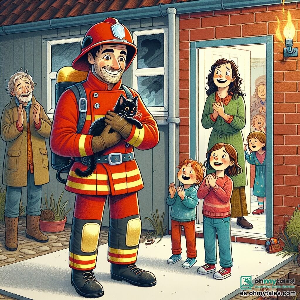 El personaje principal es un hombre llamado Tomás, un bombero robusto con una sonrisa cálida y ojos brillantes de determinación. Lleva un uniforme rojo brillante, un casco reluciente y botas negras, sosteniendo un pequeño gato negro en sus brazos, mostrando una expresión de orgullo y alegría tras haberlo salvado. A su lado está una mujer de unos treinta años, la dueña del gato, con el cabello castaño desordenado y lágrimas de gratitud en el rostro, que se acerca a Tomás con una mirada aliviada. Un grupo de cuatro niños, de entre 8 y 10 años, se encuentra un poco más atrás, con los ojos abiertos de admiración, aplaudiendo y sonriendo, cada uno con ropa colorida y mochilas escolares. La escena tiene lugar frente a una pequeña casa de ladrillos, con la puerta entreabierta y volutas de humo saliendo por la ventana, mientras que vecinos curiosos observan la escena desde la distancia. La situación principal muestra a Tomás, el bombero heroico, saliendo de la casa llena de humo, sosteniendo al gato salvado en sus brazos, rodeado de la dueña agradecida y de los niños maravillados, ilustrando un momento de triunfo y camaradería.