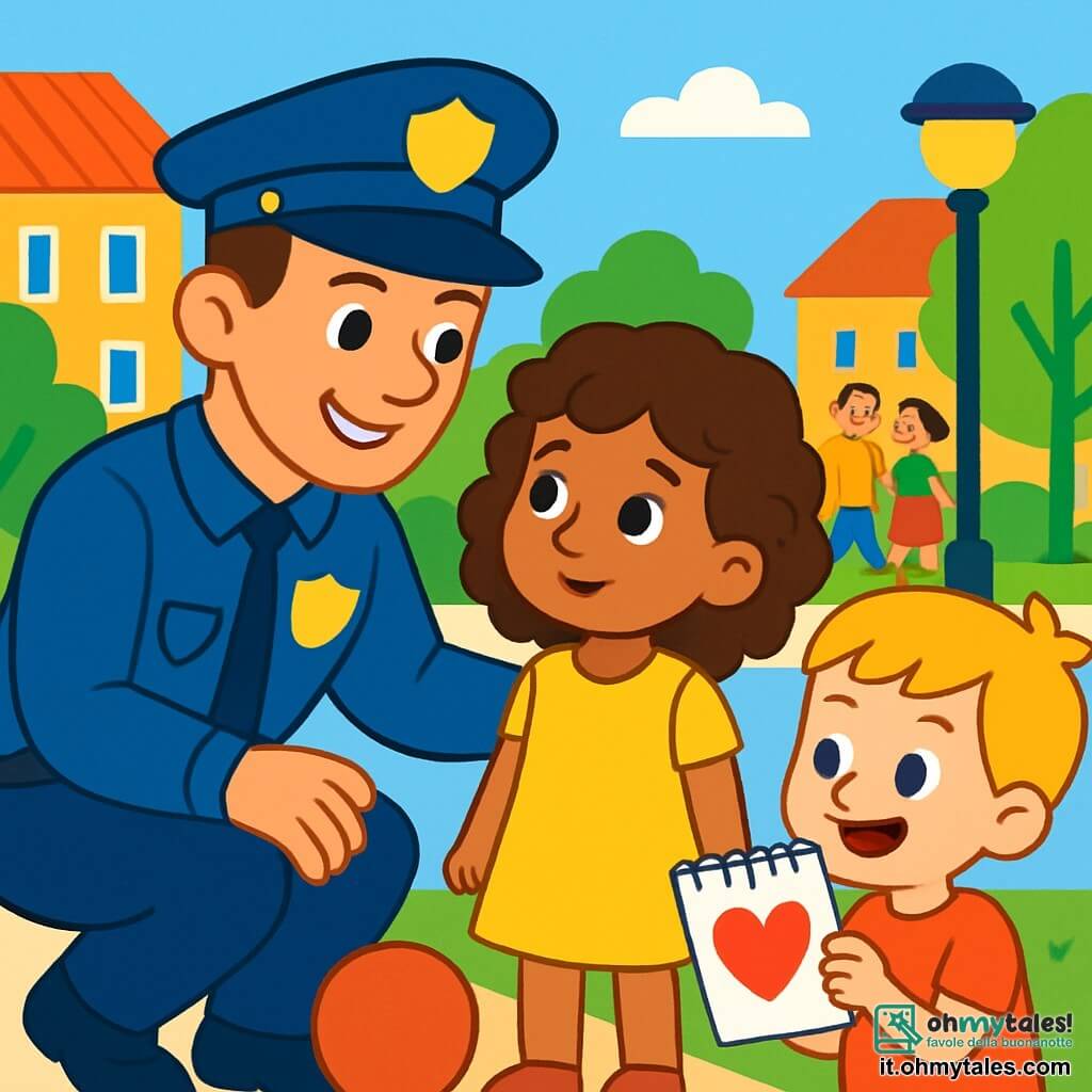 Un poliziotto uomo di circa trent'anni, con un grande sorriso caloroso, indossa una divisa blu brillante e un cappello. Si sta chinando verso una bambina, Maria, di 6 anni, che indossa un vestito giallo brillante e ha i capelli ricci castani. Lei guarda il poliziotto con occhi brillanti di ammirazione. Accanto a loro, un bambino, Tommaso, di 5 anni, con capelli biondi e una maglietta rossa, disegna un cuore su un piccolo quaderno. La scena si svolge in una strada animata di un quartiere soleggiato, con case colorate e alberi verdi sullo sfondo. I passanti sorridenti si muovono sul marciapiede, e un cagnolino gioca felicemente vicino a un lampione. Il poliziotto aiuta Maria, che ha perso il suo pallone, e le spiega calmamente l'importanza di rispettare le regole di sicurezza. Tommaso, entusiasta, si unisce a loro per incoraggiare Maria, creando un'atmosfera gioiosa e amichevole.