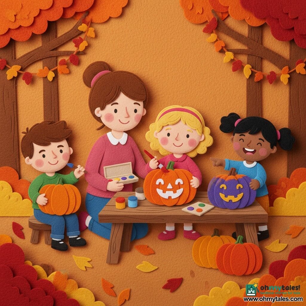 A joyful 2-year-old girl named Lily with curly blond hair and rosy cheeks holds a small red brush and paints a smiling face on a bright orange pumpkin while her smiling, attentive mother (about 30) with chestnut hair in a bun kneels beside her holding an open paint box; nearby a mischievous 4-year-old boy, Ben, with short brown hair sits on a small wooden stool painting a pumpkin to the left, and a laughing 3-year-old girl, Ella, with black pigtails stands behind showing a funny painted pumpkin to Lily; setting: an autumn forest clearing at golden hour with leaf-strewn ground, small leaf garlands on branches, a rustic wooden table with paint pots and pumpkins, warm playful atmosphere, saturated colors, soft felt-like textures, simple high-contrast shapes, composition centered on the little girl painting.