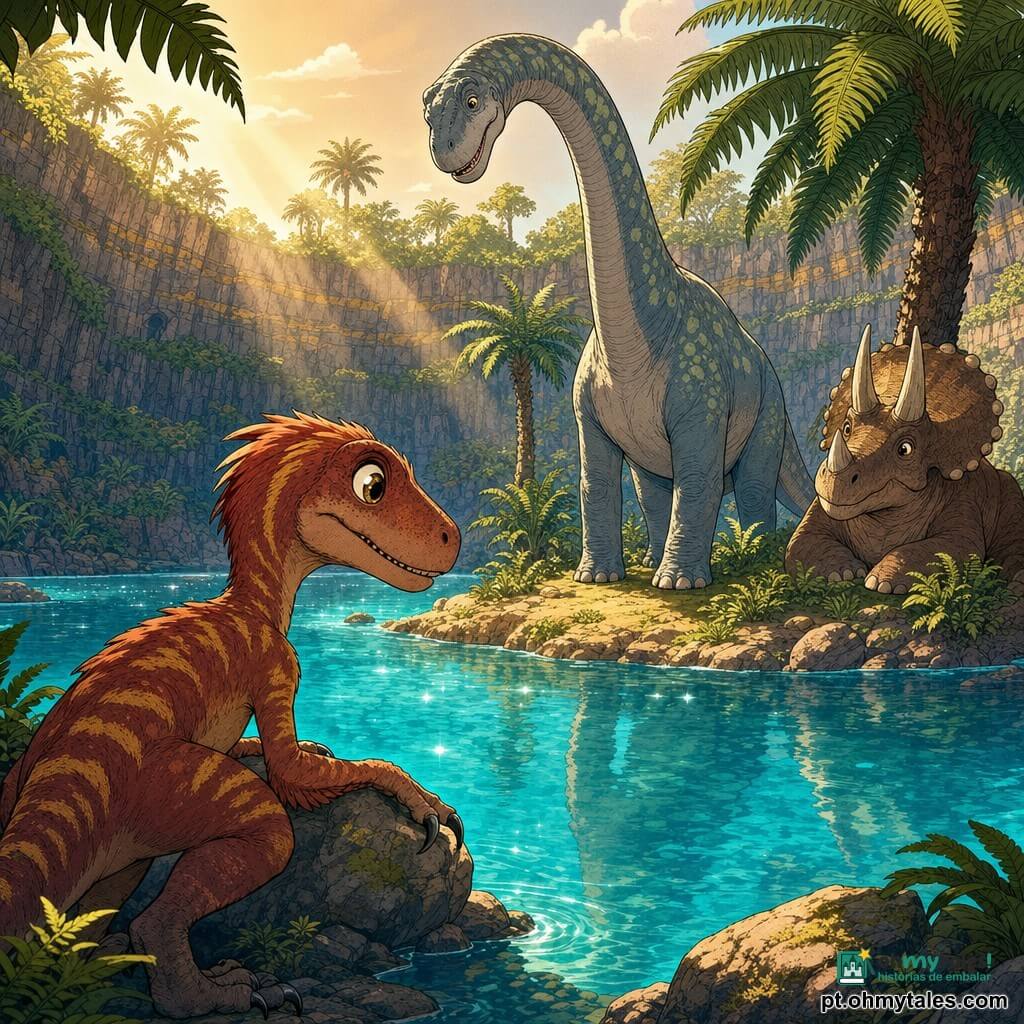 Um jovem velociraptor curioso de penas roussas e riscas ocres, olhos grandes e brilhantes, com uma pata sobre uma pedra à beira de uma água turquesa, sorrindo timidamente; um velho braquiossauro sábio de pele cinzenta com manchas verde-pálido e longo pescoço, na pequena ilha do centro do cratera, inclinando a cabeça para o velociraptor; um tricerátopo amigável ao fundo sob uma samambaia gigante; o cratera circular com água azul-turquesa, paredes rochosas ocráceas com musgo, grandes samambaias e palmeiras e raios de sol dourados; cena calma e mágica — o velociraptor chega ao Beco Azul e descobre o guardião das histórias, cores quentes, estilo banda desenhada suave com traços arredondados e texturas pintadas.