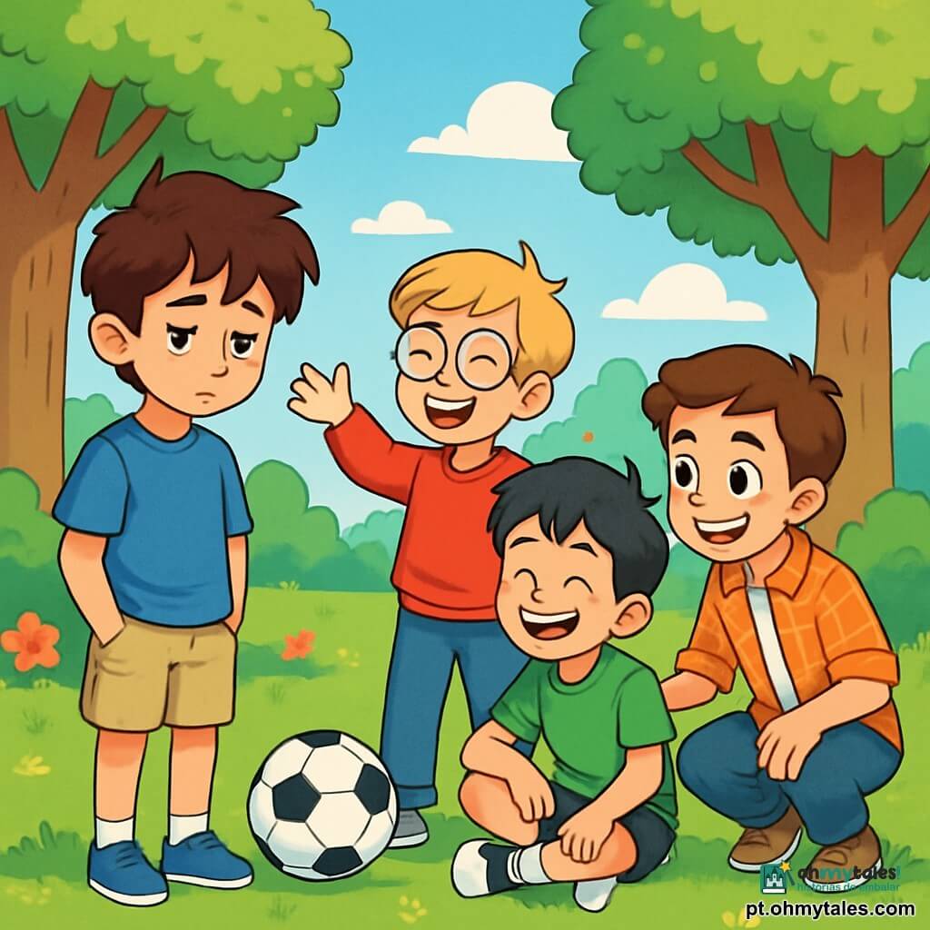 Há 4 crianças: Tomás, um garoto de 10 anos com cabelo castanho bagunçado e olhos marrons, usa uma camiseta azul e um short bege, está levemente afastado com uma expressão pensativa. Henrique, um garoto de 11 anos com cabelo loiro e óculos redondos, veste um moletom vermelho e jeans, fala entusiasticamente com os braços levantados, na frente de Tomás. Leo, um garoto de 10 anos com cabelo preto e sardas, usa uma camiseta verde e um short preto, está sentado na grama rindo com uma bola de futebol aos pés. Pedro, um garoto de 10 anos com cabelo castanho e um sorriso brilhante, veste uma camisa xadrez e calças curtas, está agachado ao lado de Leo, pronto para brincar com um olhar amigável. O cenário é um parque verdejante com árvores majestosas, um grande campo de jogo com uma bola de futebol ao centro, cercado por grama bem cuidada e flores coloridas. O céu é azul com algumas nuvens brancas. Tomás, um pouco afastado, sente melancolia pela separação dos pais, enquanto seus amigos Henrique, Leo e Pedro o cercam com expressões de apoio e amizade, prontos para animá-lo.